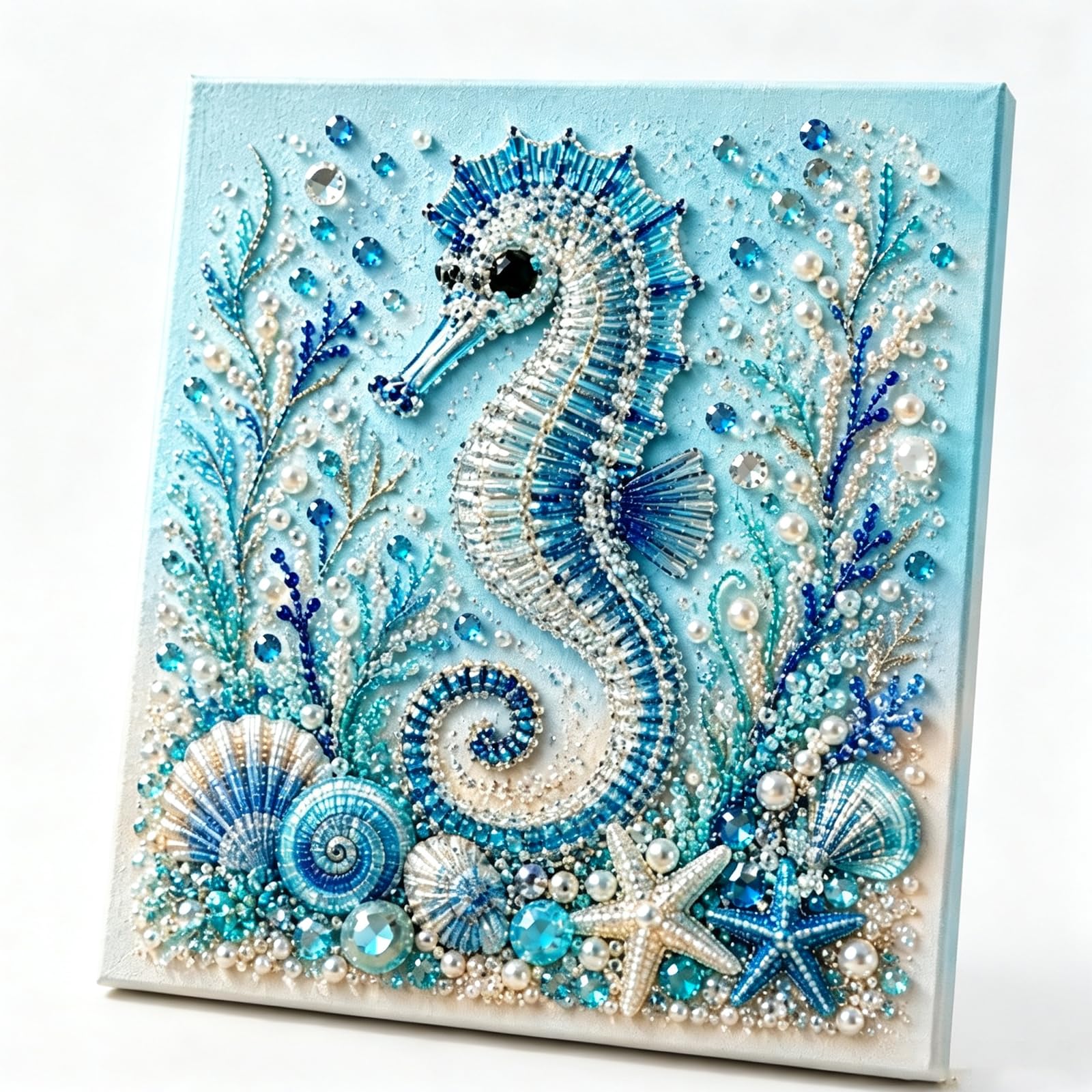 Ocean Theme Pearl Art DIY Kit, Blue Ringed Octopus 3D Diamond Painting Crafts for Adults, Diamond Pearl Painting Kit Wall Art, DIY Pearl Mosaic Craft Set for Beginner, Coastal Home Decor (Seahorse)