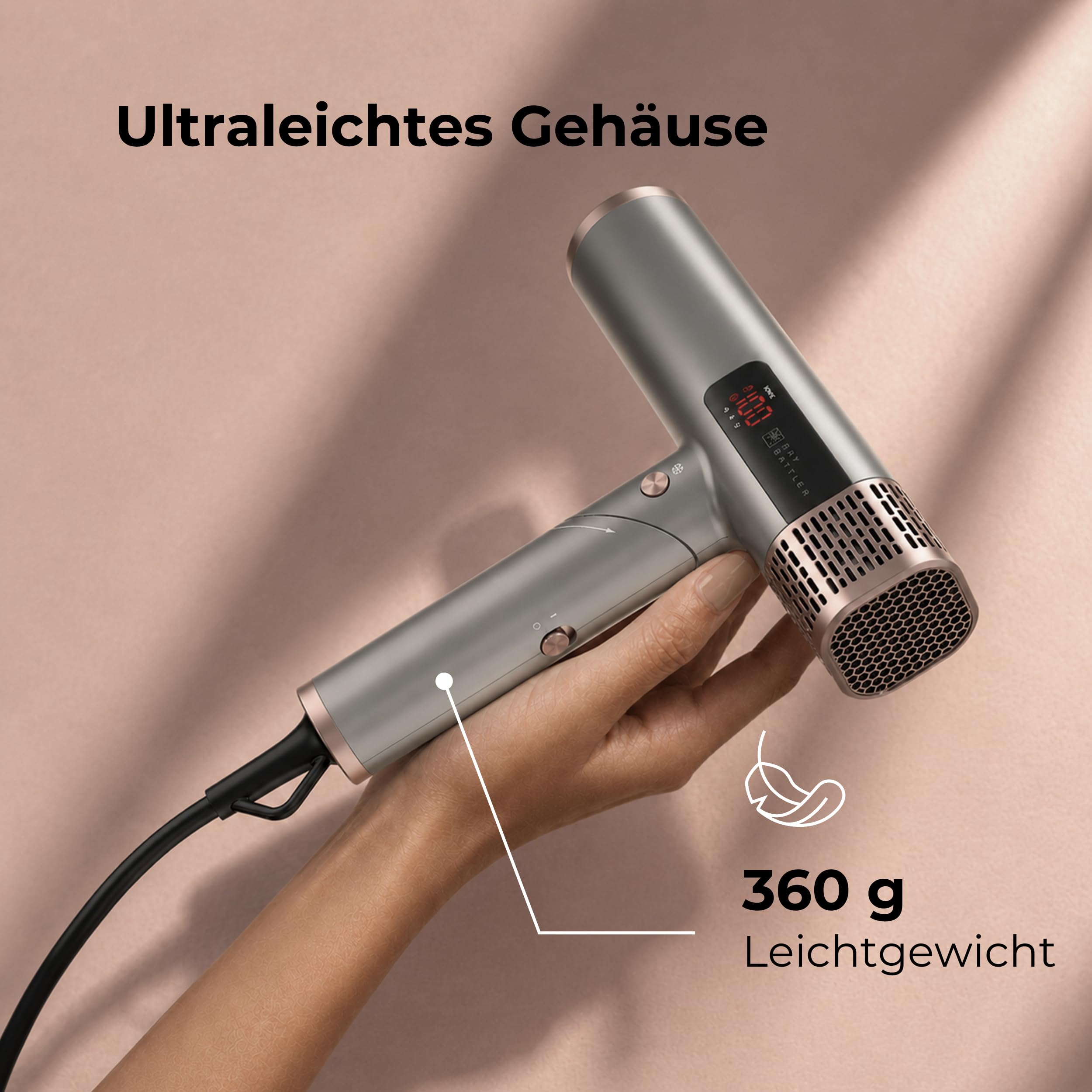 Föhn mit Diffusor, 1800 W Ionen-Haartrockner mit BLDC-Motor, klappbarer High-Speed-Fön, 110.000 U/min, LED-Display, 4 Temperaturstufen, 3 Luftstufen, Kaltluft, 2 Stylingdüsen