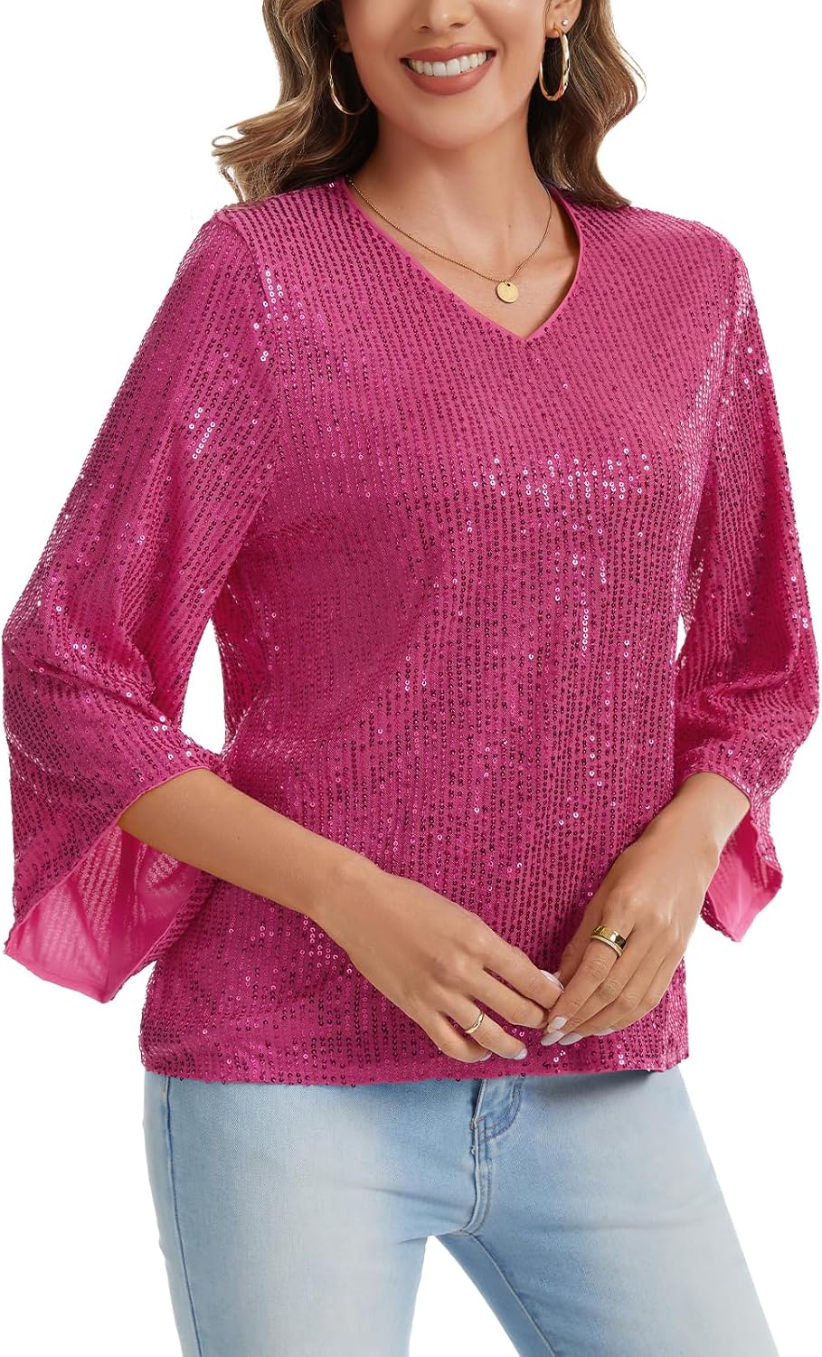 MINTLIMIT Women's Sequin Top V Neck 3/4 Sleeve Glitter Shirts Party Blouses