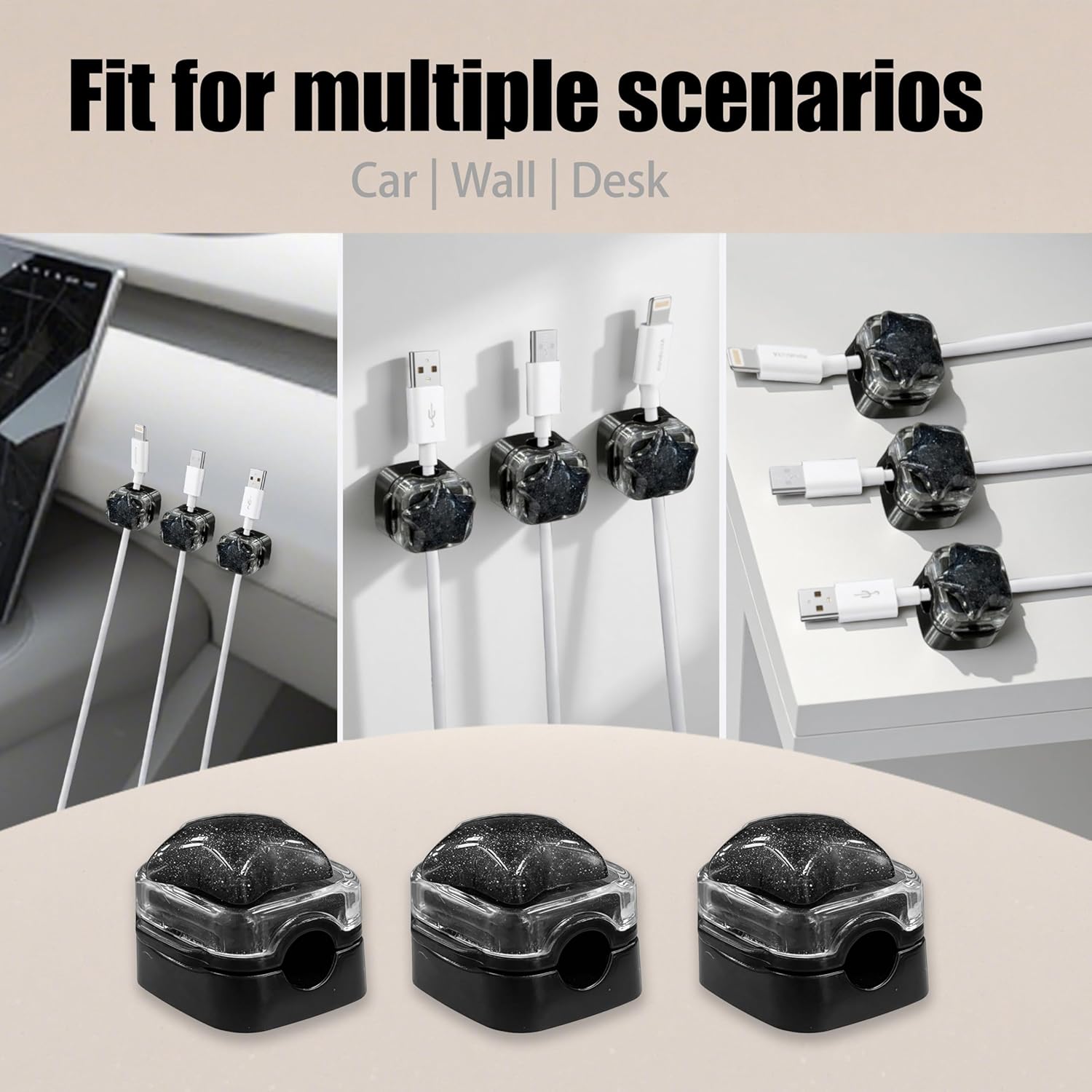 3Pack Magnetic Cable Clips for Nightstand, Adhesive Night-Glowing Cord Holder Organizer for Office Home Desk Wall Car (Black,Star)