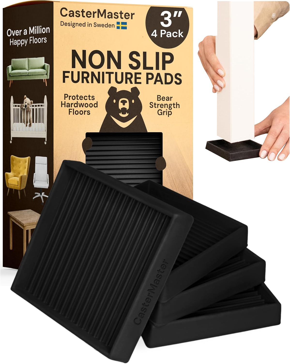 castermaster non-slip furniture pads square rubber anti-skid caster cups, anti-sliding floor protectors for furniture (black, 3'' x 3'' (pack of 4))