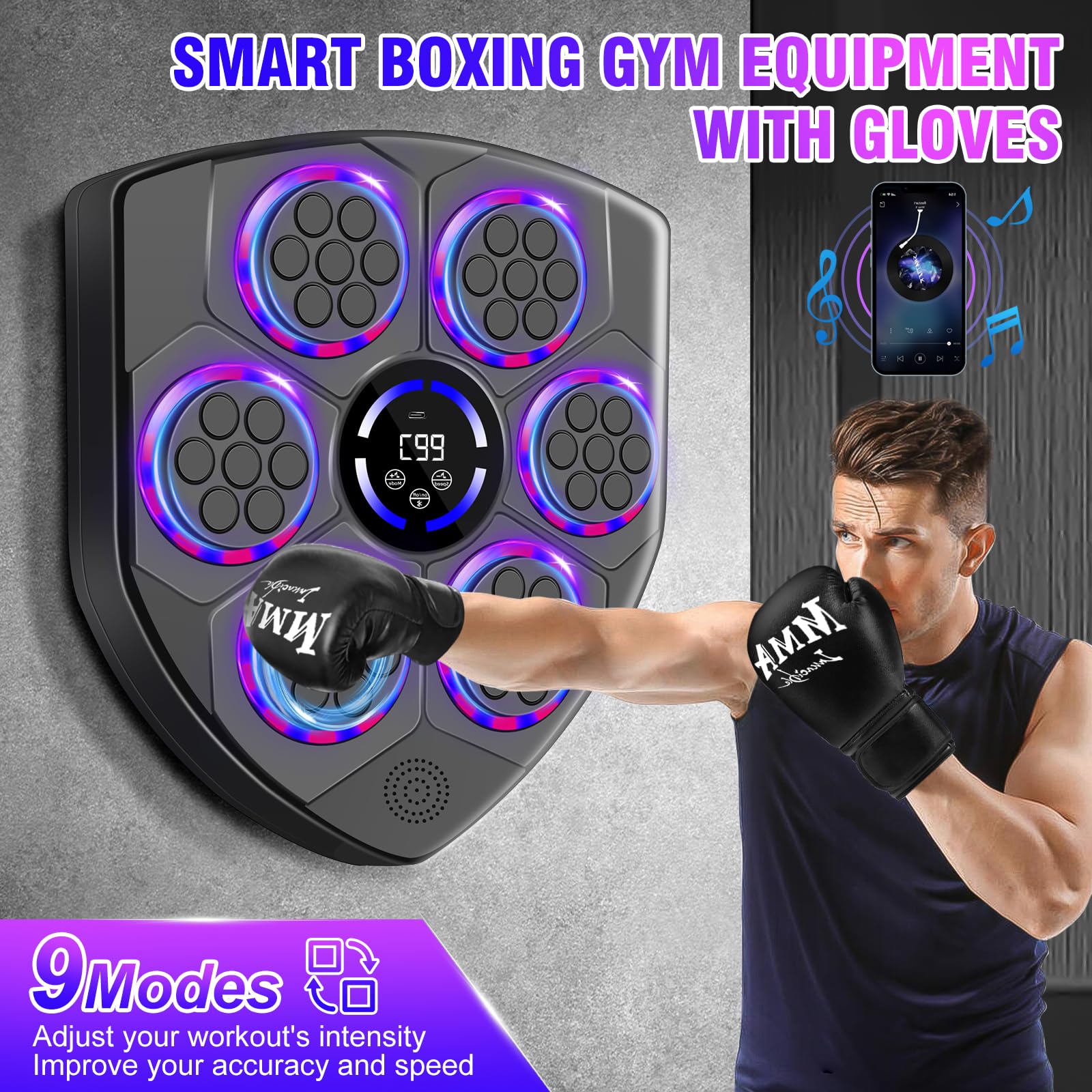JUOIFIP Music Boxing Machine - Sacco Da Boxe Bluetooth Con Luci LED E Guantoni Per Allenamento - Foto 11