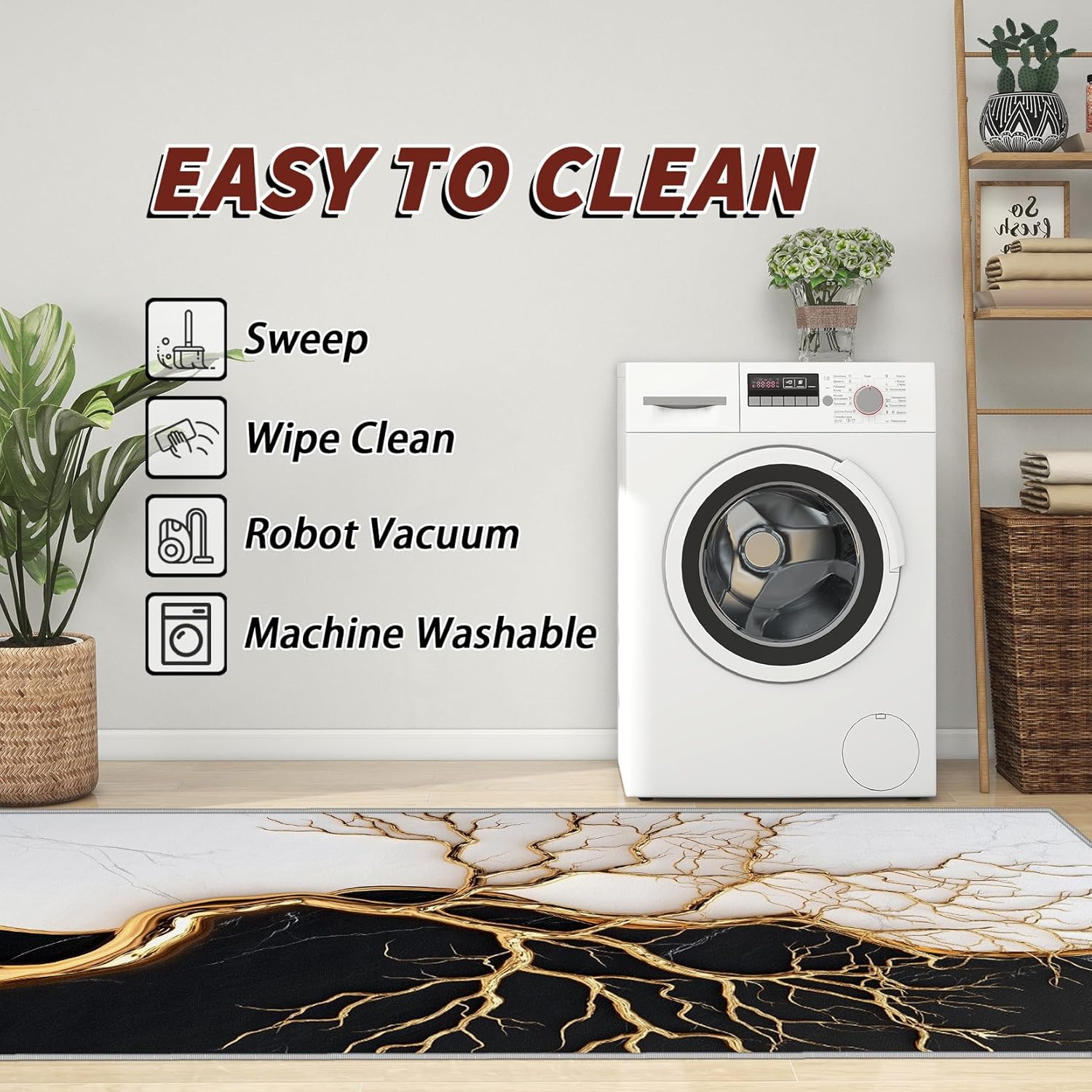 Marble Indoor Rugs for Entryway - 2x3ft -Abstract Modern Luxury Black White Gold Minimalist Washable Non Slip Low Pile Small Area Rug for Bedroom,Marble Carpet Home Decor