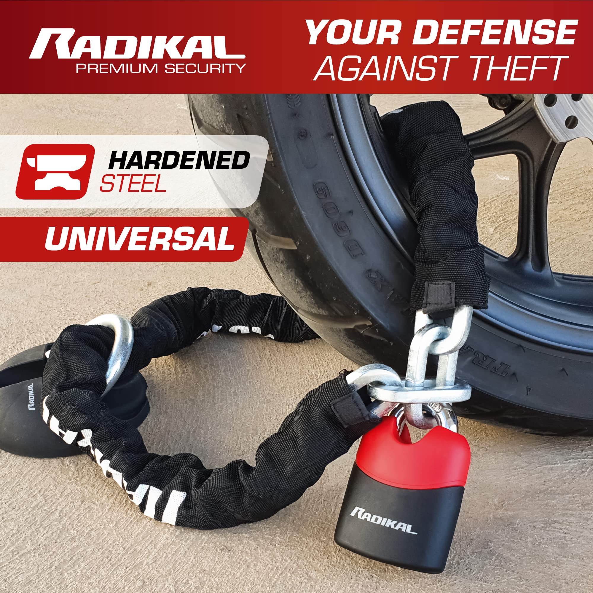 Radikal RK4170 Padlock i wzmocniony stalowy łańcuch ø10, 170 cm z zabezpieczeniem przed kradzieżą łuku motocykla, skutera, roweru, czarny
