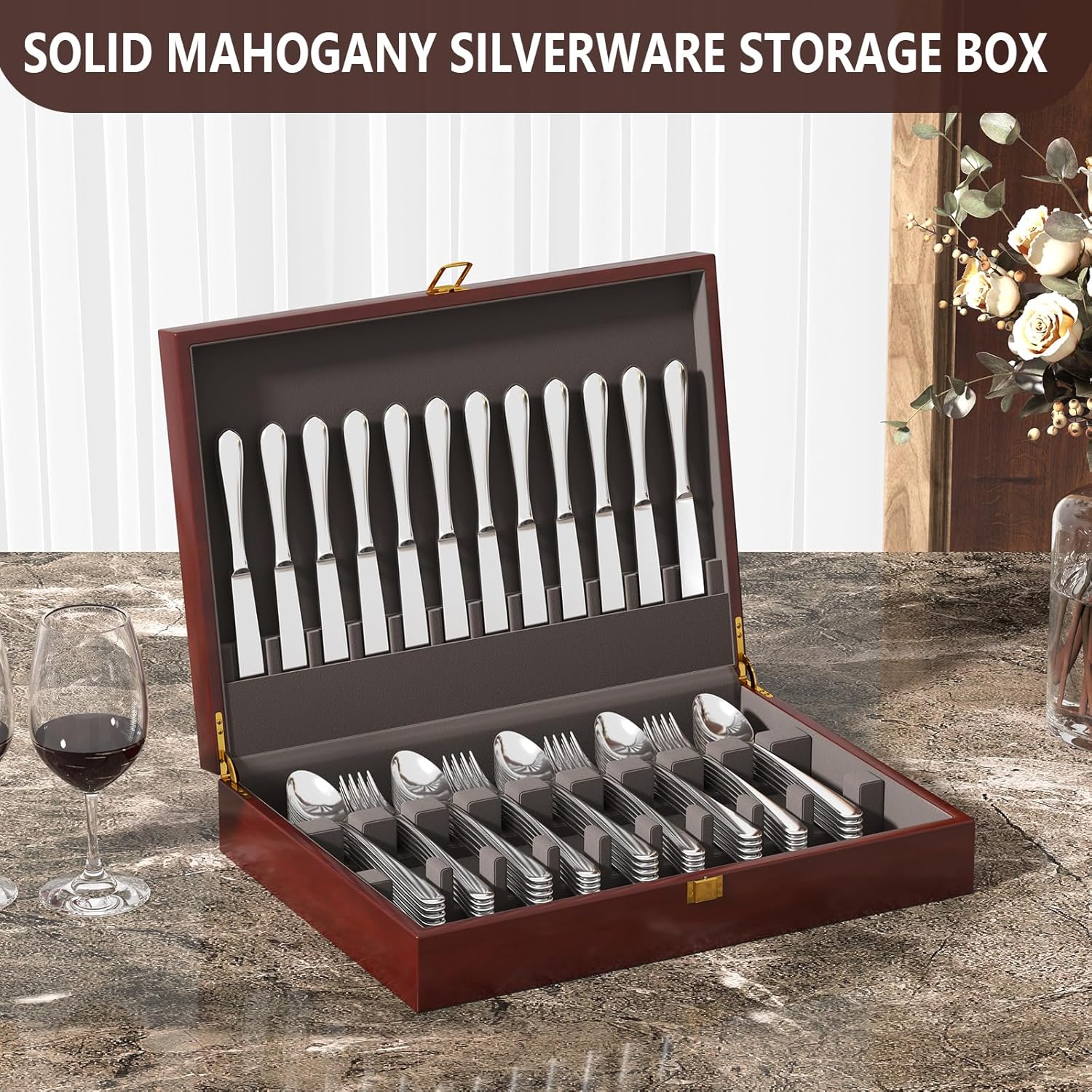 Mahogany Wood Silverware Storage Box,Silverware Case Flatware Chest with Felt Lined,Flatware Storage Box for 12 sets of Utensils,Silverware Chest without Silverware,Silverware Organizer with Lid - Image 5