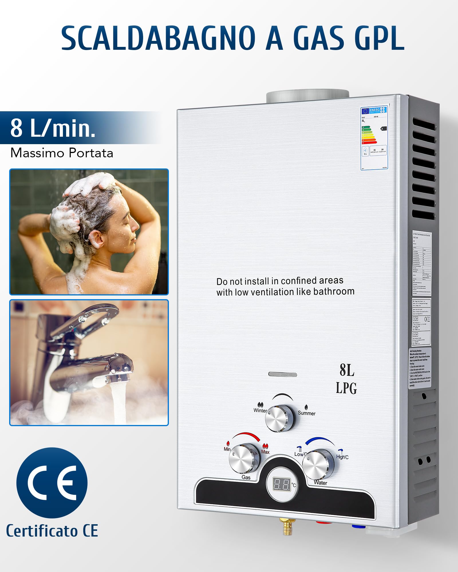 VONLUCE 8L Scaldabagno a Gas GPL 13,6 kW a Parete con Modalità Commutabili, Caldaia a Gas GPL Automatica Istantanea con Display a LED e Nucleo in Rame