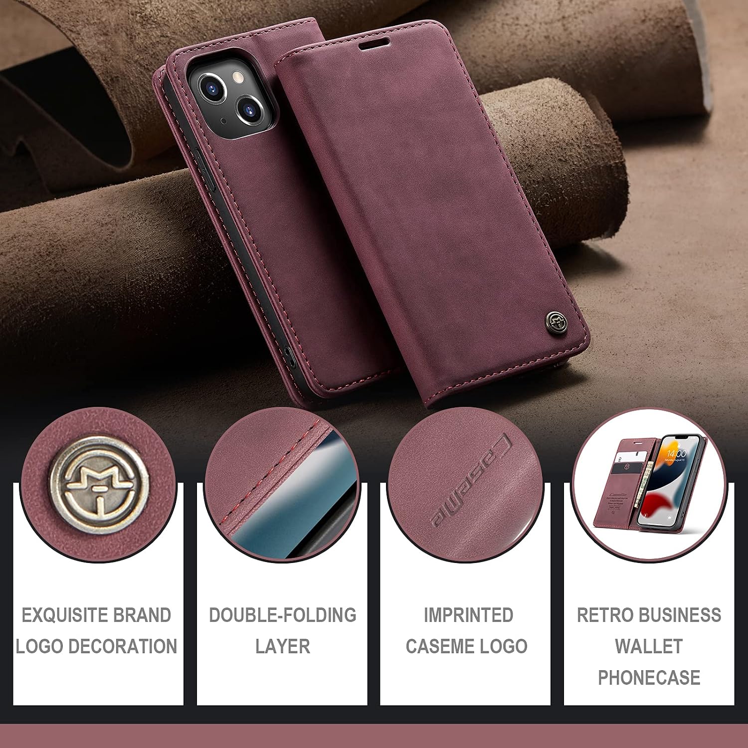 Kowauri Flip Case for iPhone 13 Mini,Leather Wallet Case Classic Design with Card Slot and Magnetic Closure Flip Fold Case for iPhone 13 Mini 5.4 inch 2021 (Wine red) image 5