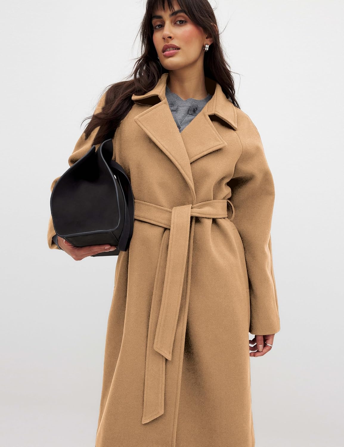 Belted Coat for Women Winter Classic Loose Open Front Notch Lapel Trench Peacoat Long Outwear with Pockets - Image 2