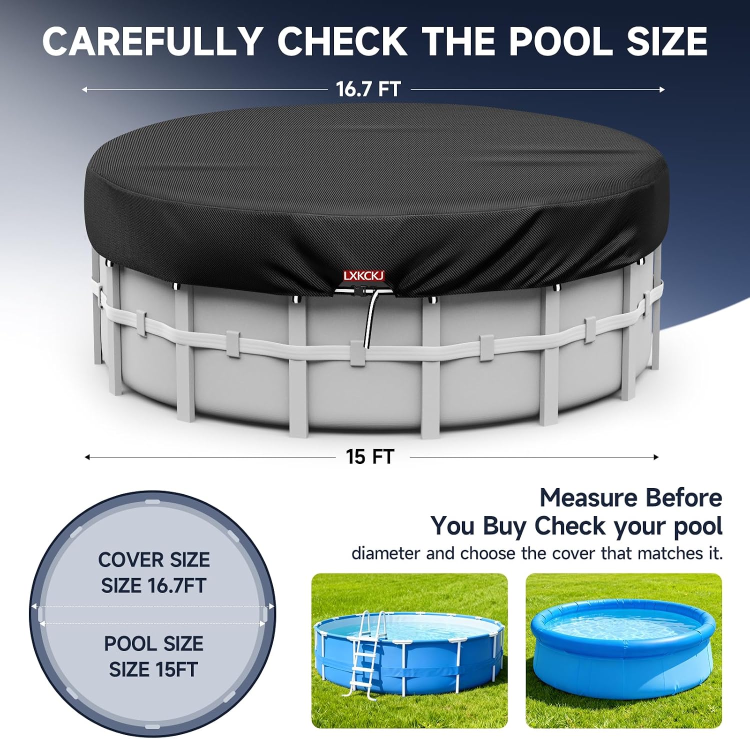lxkckj 15 ft round pool cover, solar pool covers for above ground pools, summer pool cover protector with cover accessories, pe tarp ideal for waterproof and dustproof (black) black 15' (round)