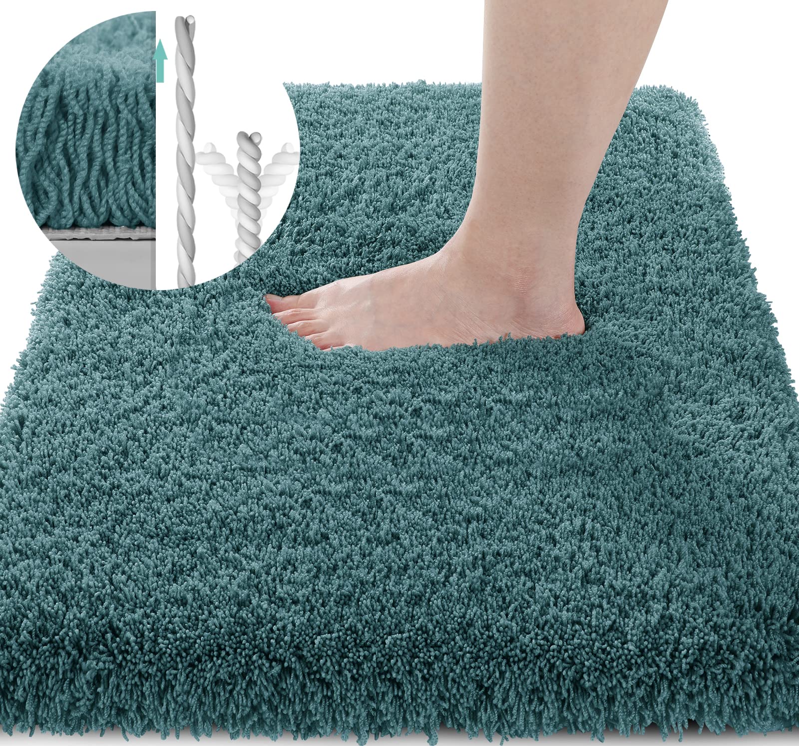 Yimobra Luxury Fluffy Bathroom Rugs, Super Elastic Soft Thick Plush Bath Mat, Non-Slip Water Absorbent, Easier to Dry, Durable Shaggy Microfiber Floor Carpet for Bathtub, 36"x 24", Pure Peacock Blue