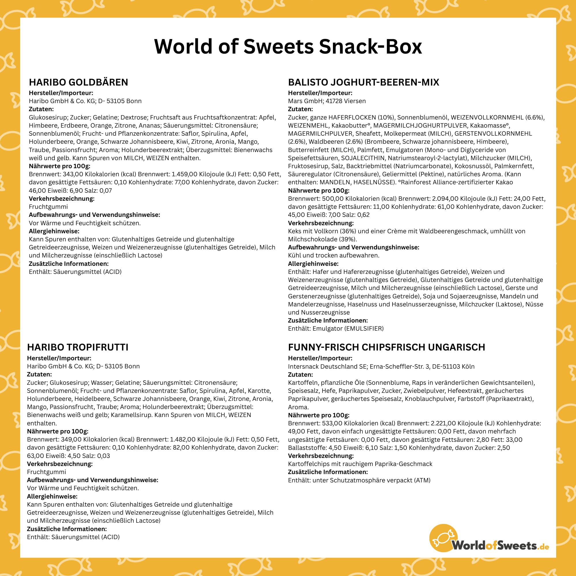 World of Sweets Snack-Box – süße & salzige Snackmischung mit Schokoriegeln, Fruchtgummi & Knabbereien – Präsentationsbox mit Aufsteller & Fächern