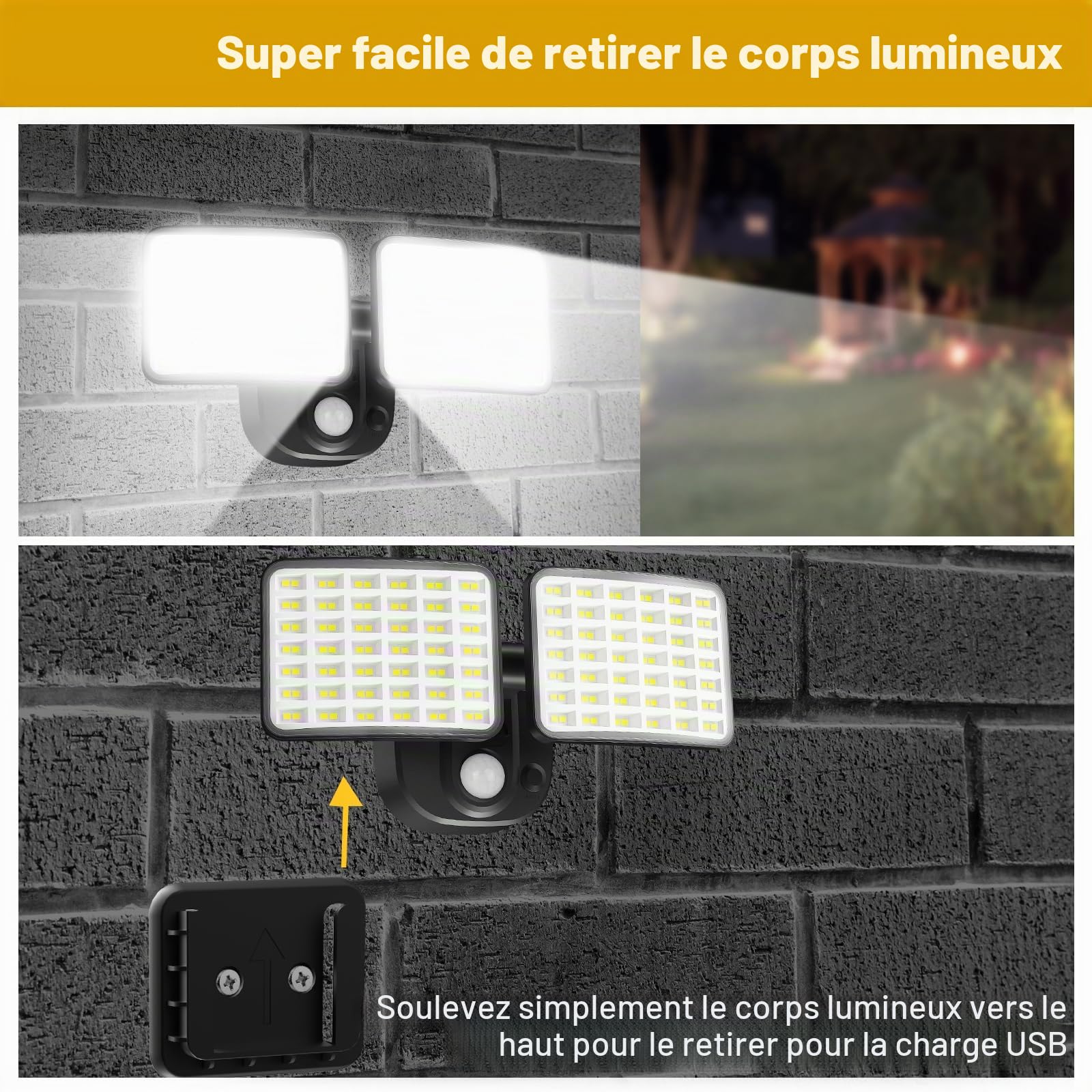 Lampe extérieure rechargeable avec détecteur de mouvement, lampe batterie rechargeable (durée de vie de 1 à 3 mois), projecteur LED avec détecteur de mouvement extérieur, rechargeable par USB