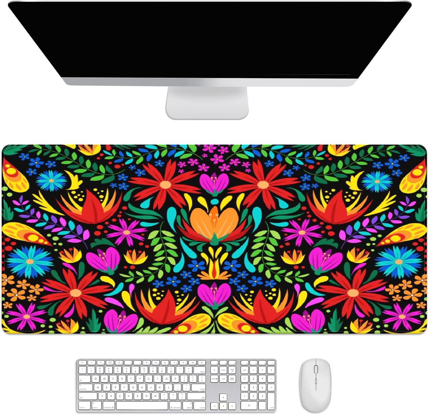 Extended Gaming Mouse Pads Mexican Colorful Flower Leaves Large Computer Keyboard Mouse Mat Thick Desk Pad Rubber Base Stitched Edges Playmat for Gamer Home Office Decor 35.4''x15.7''