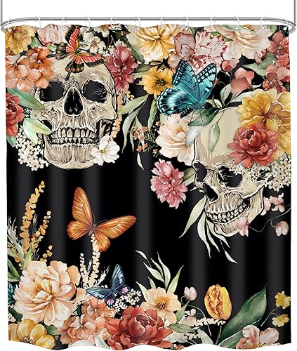 Miniatura 66 de Cortina de ducha con diseño de calavera negra y morado, de 60 pulgadas de ancho x 72 pulgadas de alto, esqueleto gótico gótico, polilla cruzada, C