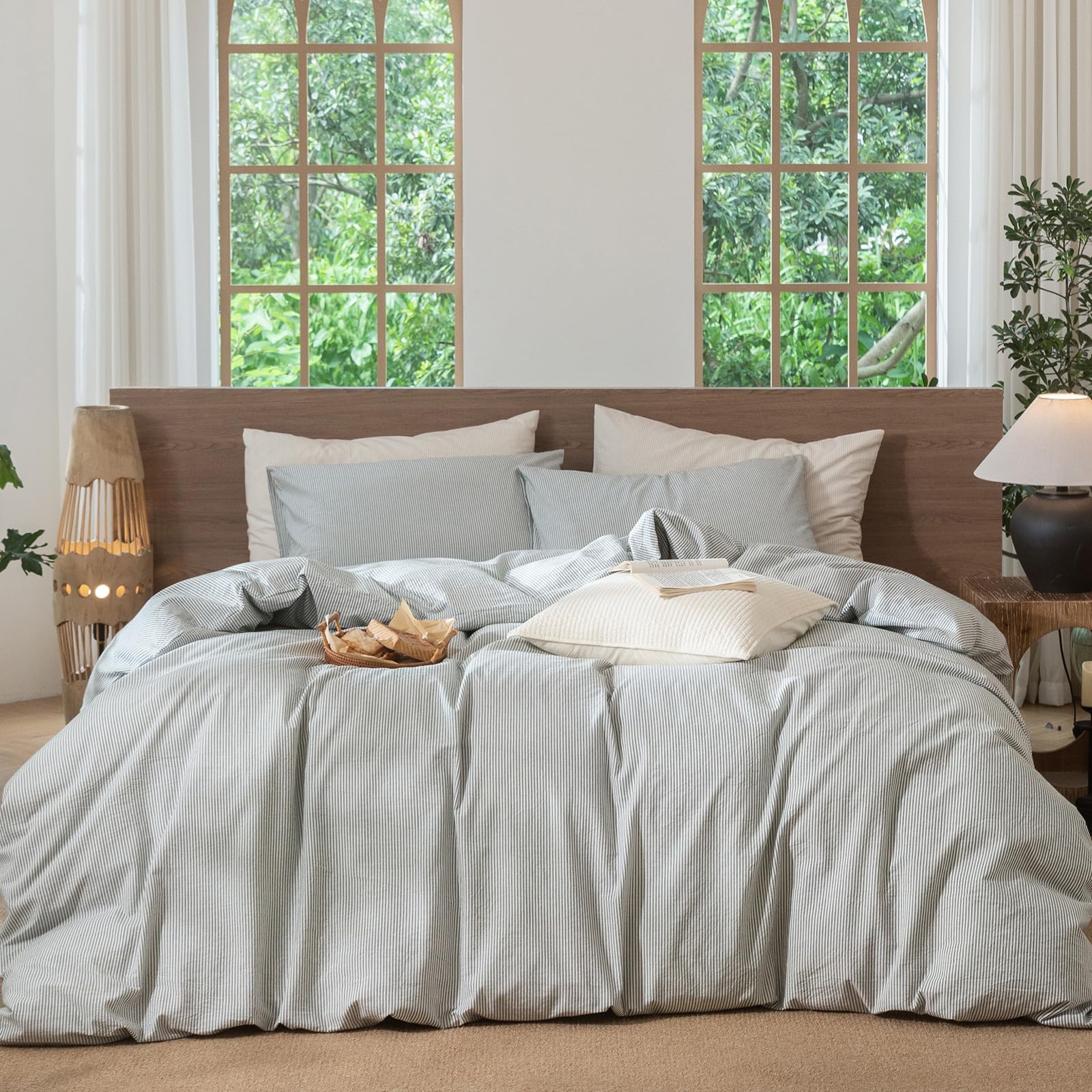 Photo 1 of MooMee Striped Duvet Cover Set 100% Washed Cotton Linen Like Textured Breathable Durable Soft Comfy (Heathered Green Pinstripes, Super Queen 90"x98")