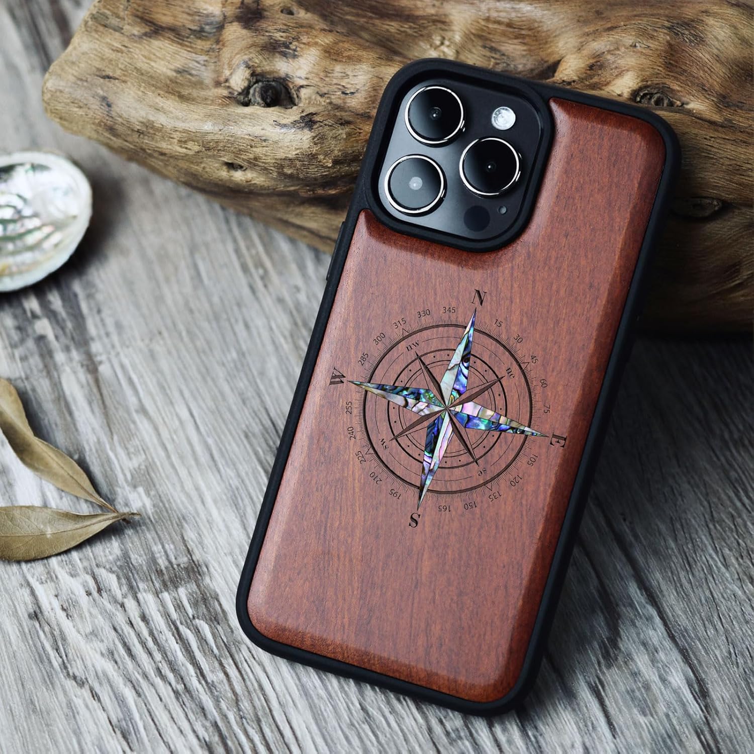 Carveit Designer Wooden Protective Magnetic Case for iPhone 14 Pro Case [Wood Engraving & Shell Inlay] Compatible with 14 Pro MagSafe (Shell Compass-Rosy)