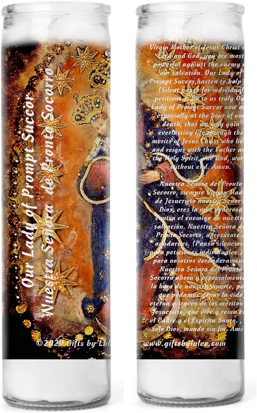 Our Lady of Prompt Succor Patron of Louisiana Virgen de el Pronto Socorro Glass Candles with Prayer for Protection Against Pandemic Set of Two or Four Glass Candles (Four)