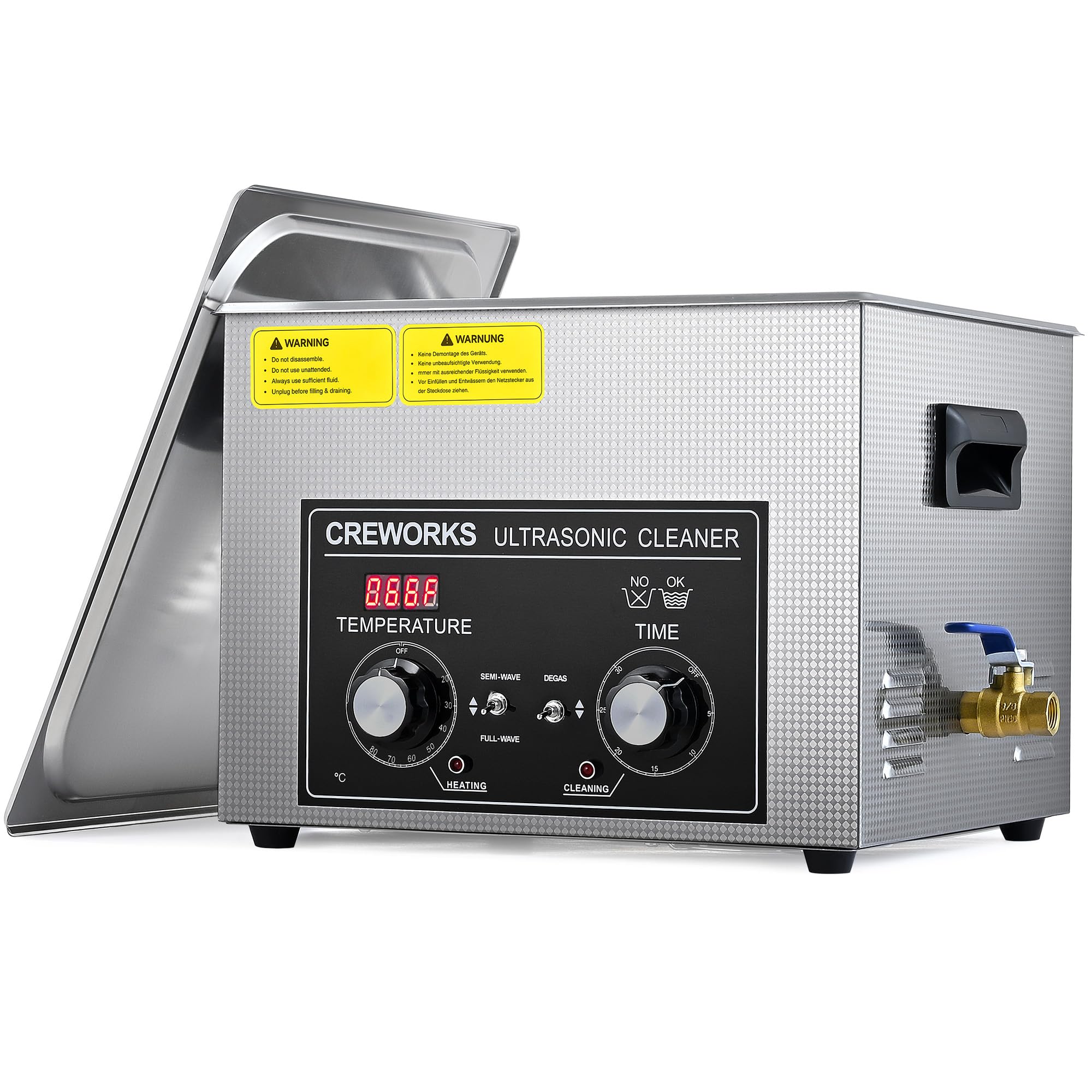 CREWORKS Nettoyeur à Ultrasons Professionnel 15L 360W avec Chauffage 300W, Minuterie 1-30min, Modes Dégazage et Doux, Réservoir Inox 304 40kHz pour Pièces Auto, Bijoux, Instruments Dentaires