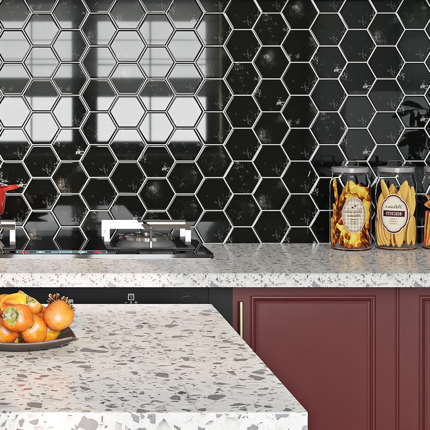 Livelynine 16-Tiles Peel and Stick Backsplash Tile 12x12 Kitchen Backsplash Tiles Honeycomb Black Stick on Back Splash Renter Friendly Hexagon Adhesive Sticky Tile for Bathroom Shower Wall Waterproof