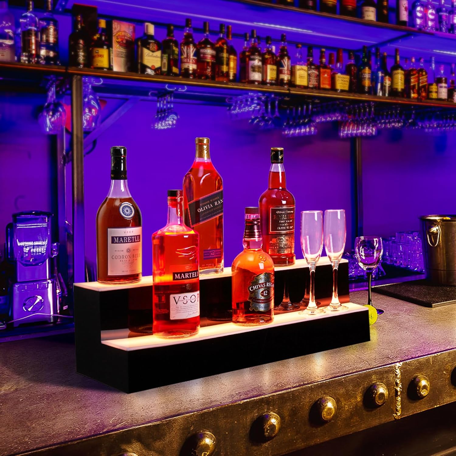 16 Inch Rectangular 2-Tier LED Lighted Liquor Bottle Display Shelf,Acrylic Wine Rack with Remote & App Control, 16 Static Colors, 1-8H Timer, USB Power, for Home Bar, Commercial Use