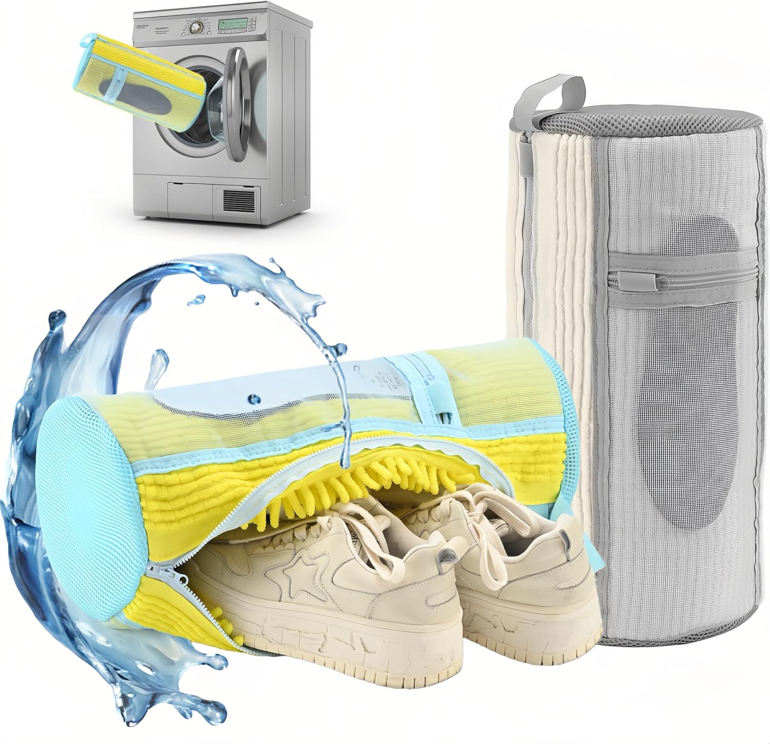Shoe Washing Machine Bag, Laundry Shoe Bag for Washer and Dryer, 2Pcs Reusable Shoe Washing Bag for Sneakers, Tennis Shoes, With Self-locking Zipper, 360° Deep Clean (XL Yellow and White)