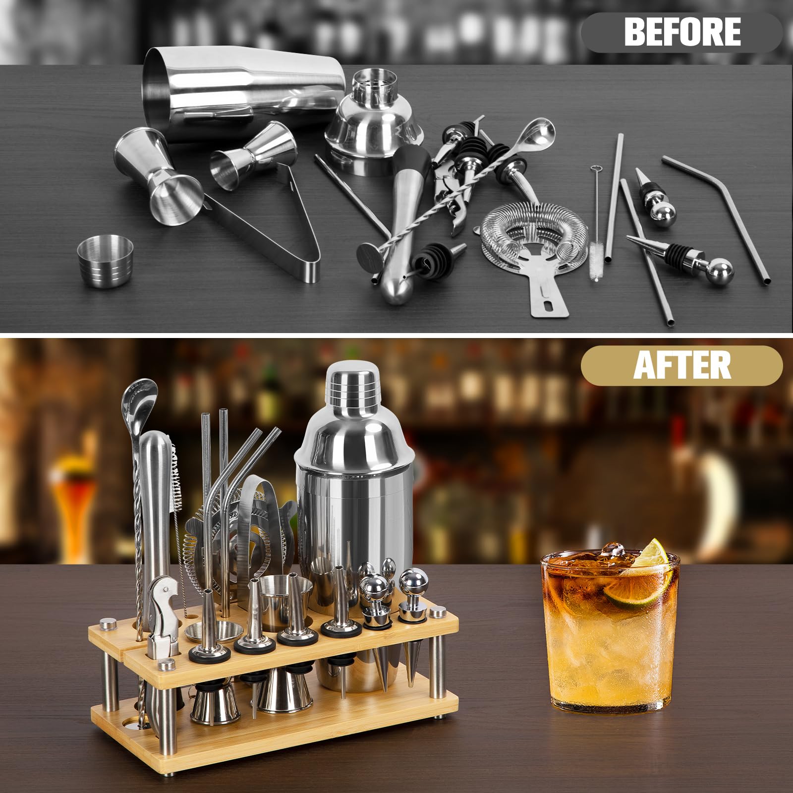Set Shaker Cocktail 20 Pezzi - In Acciaio Inox Con Supporto Bambù, Per Home Bar E Regali - Foto 12