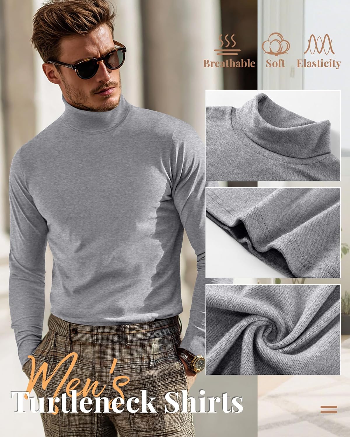 Ficerd 3 Pack Men's Turtleneck Shirts, Long Sleeve Cotton Pullover Sweaters Mock Neck Knitted T-Shirt Basic Slim Fit Tops - Image 4