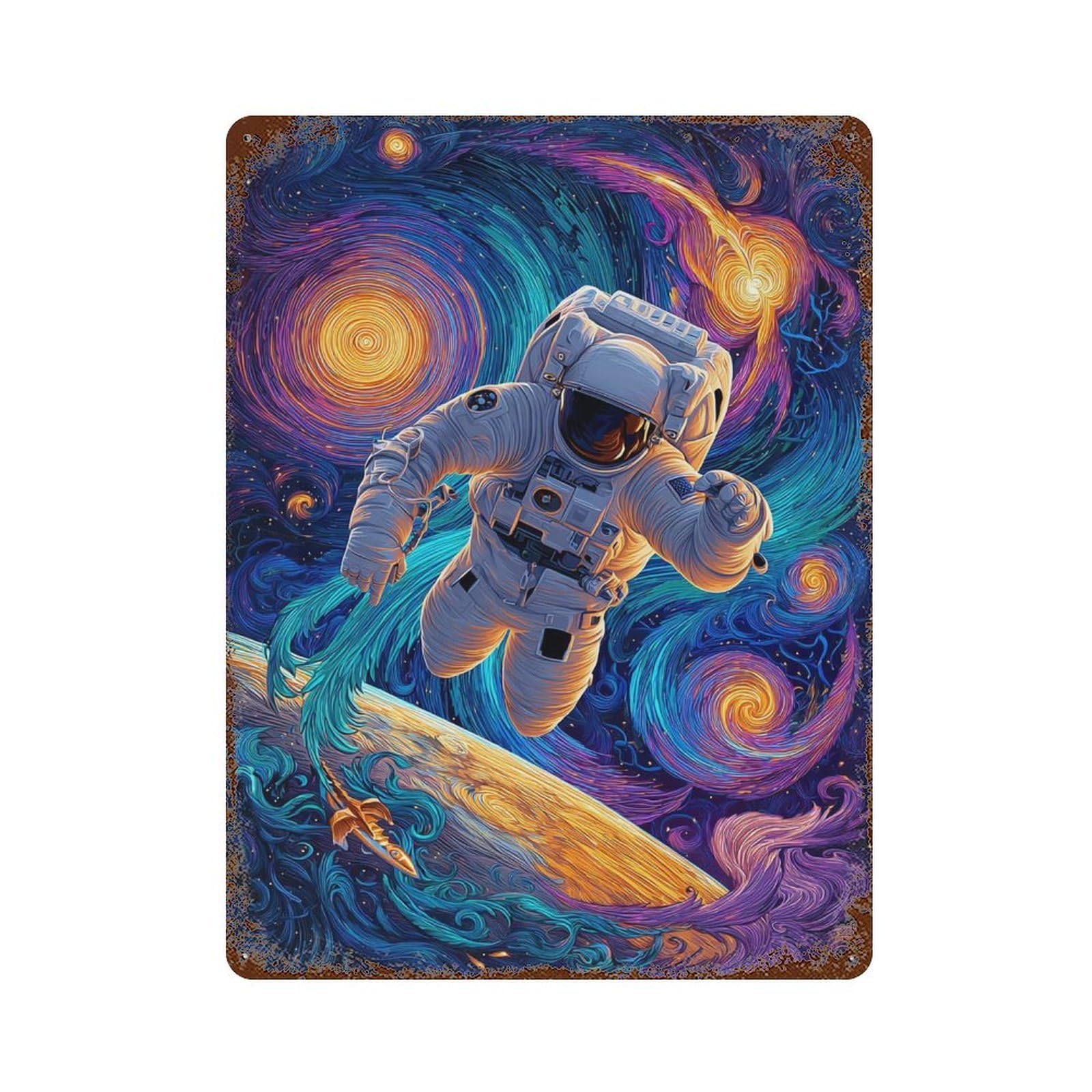 Cosmic Surfing Astronaut Rust Effect Tin Sign 15.7"x11.8", Industrial Home Decor for Basement, Hobby Room And Garage Decor