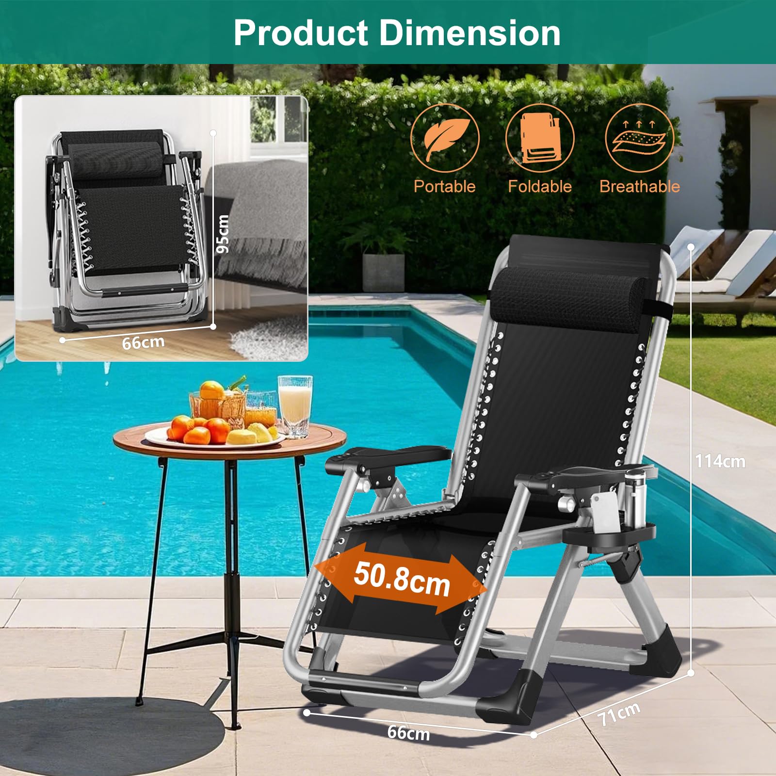 Tumbona plegable, capacidad de carga de 200 kg, silla de gravedad cero, portabilidad, tumbona con cojín, soporte para tazas, extra ancho, ángulo ajustable, tumbona de jardín, adecuada para