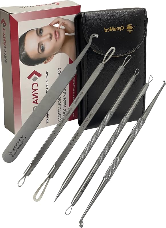Cynamed Kit com 6 ferramentas para cuidados faciais em aço inoxidável e estojo com zíper