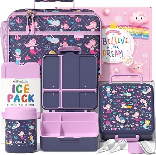 Fimibuke Lonchera Bento para niños con 4 compartimentos, bolsa de almuerzo aislada, tarro de alimentos térmico al vacío de acero inoxidable, paquete