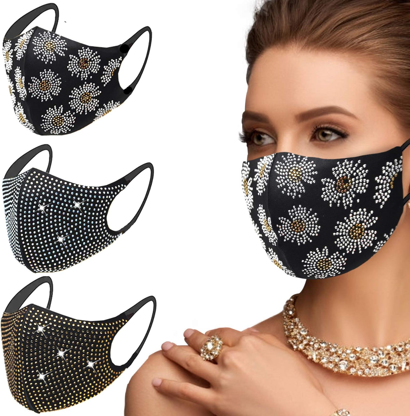 UOUDIORhinestone Crystal Face Mask๏ผ Masquerade Fashion Bling Mask for Women๏ผReusable