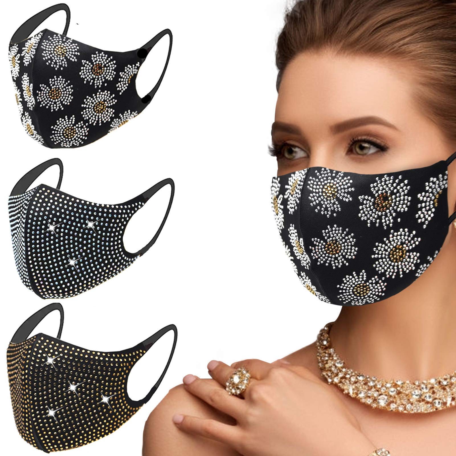 UOUDIORhinestone Crystal Face Mask， Masquerade Fashion Bling Mask for Women，Reusable