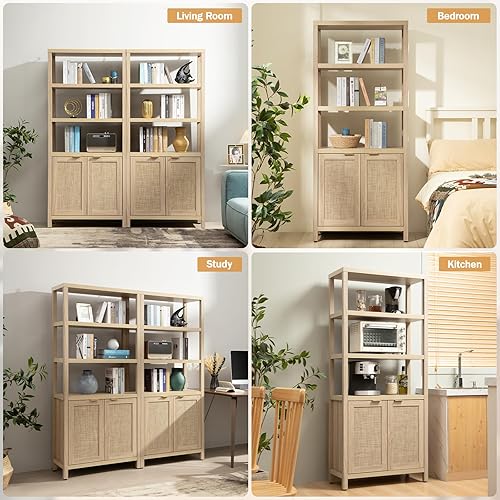 Miniatura 7 de SICOTAS Bookshelf 5 Tier Book Shelf Rattan Boho 71" Tall Bookcase with Doors Storage Shelves Large Bookshelves Farmhouse Bookcases Library Book Case