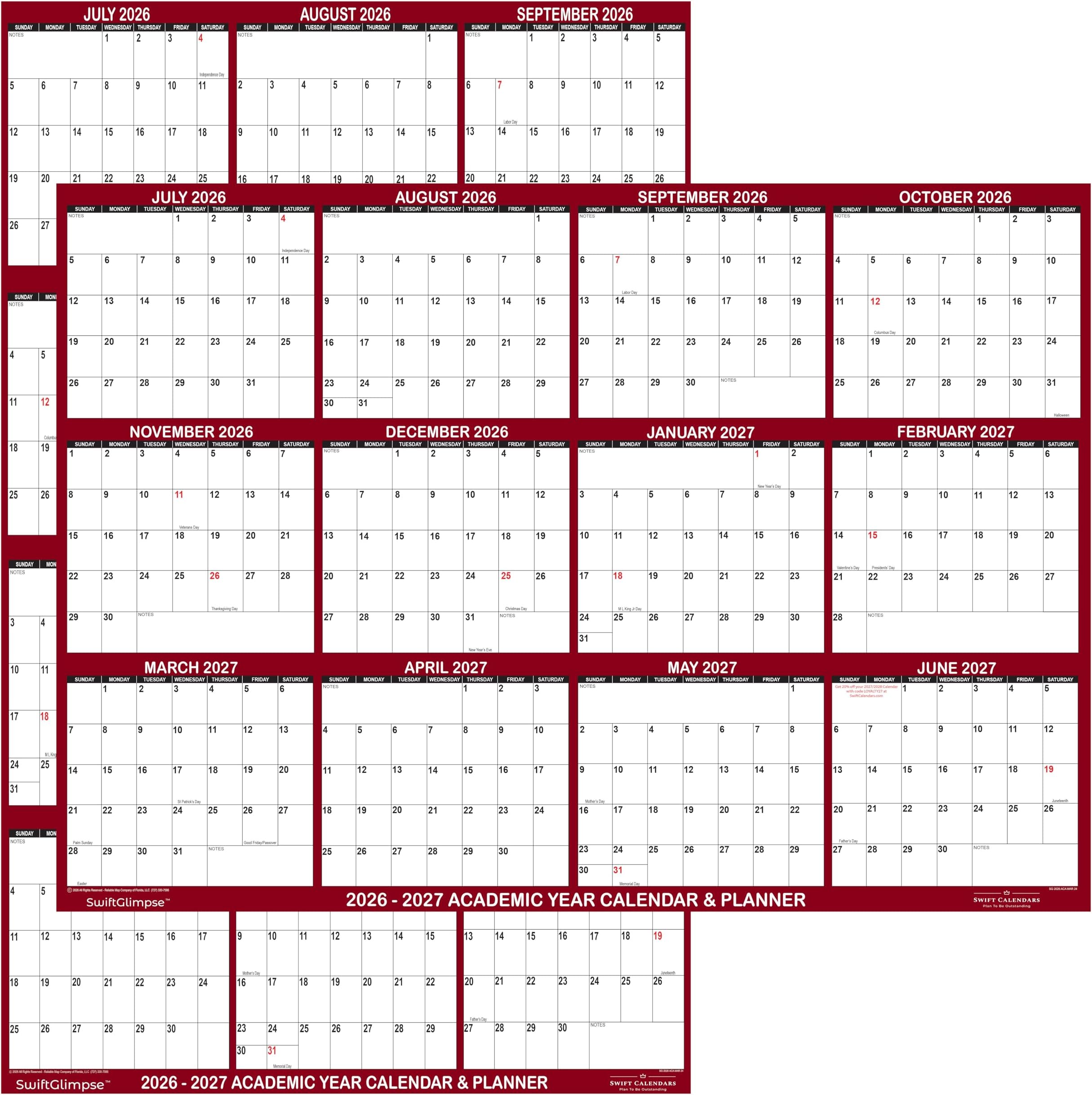18" x 24" SwiftGlimpse 2026-2027 Academic Wall Calendar Dry Erase Erasable, Large, Wet & Dry Erase Laminated, Yearly Planner, Reversible, JULY 2026 to JUNE 2027 ONLY