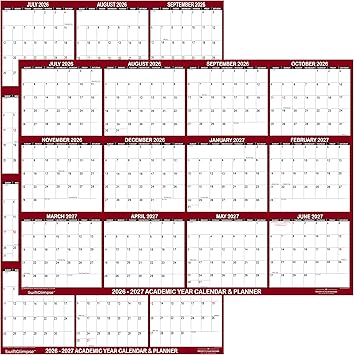 24" x 36" SwiftGlimpse 2026-2027 Academic Wall Calendar, Large, Wet & Dry Erase Laminated, Reversible, Yearly Planner, July 2026 to June 2027 only, Maroon