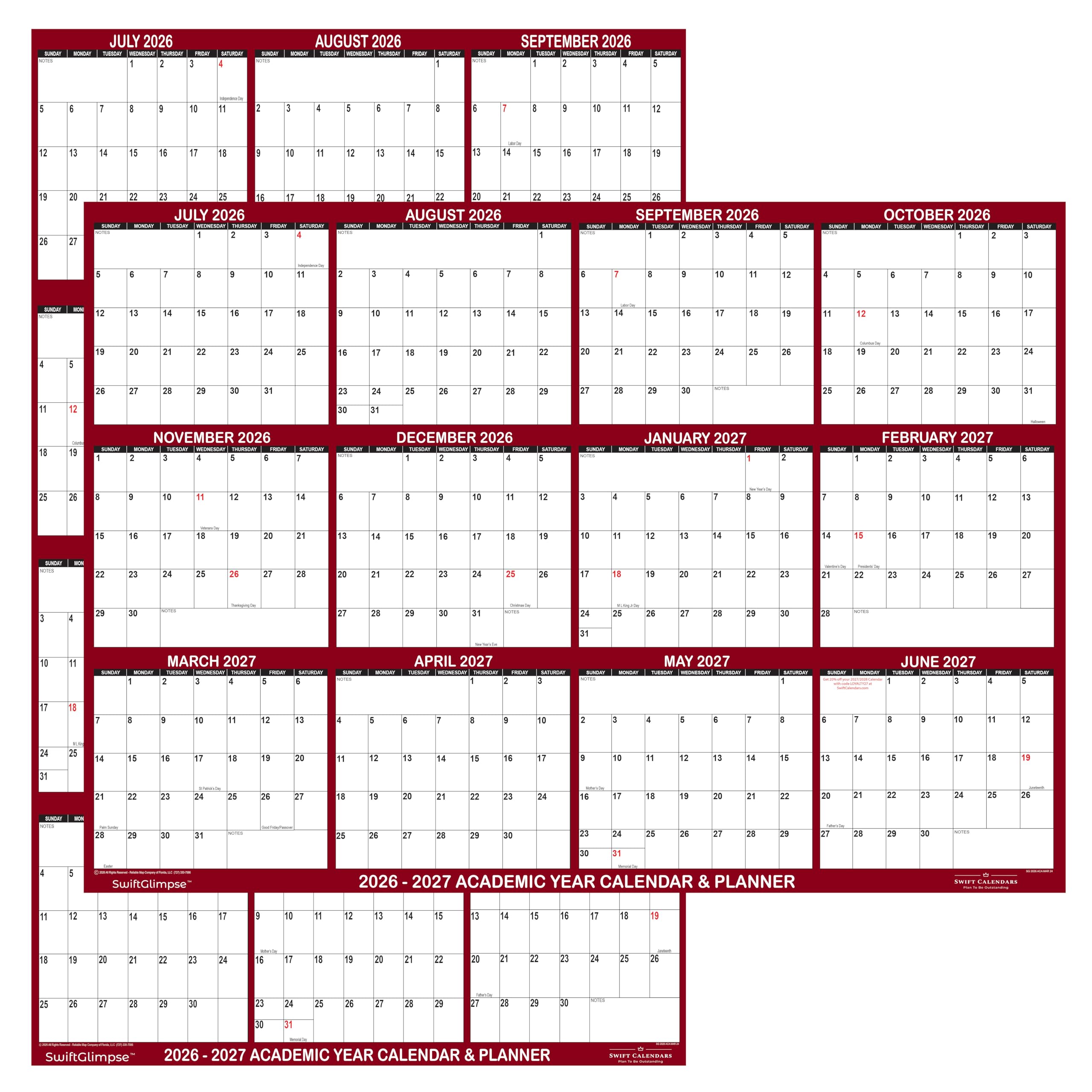 18" x 24" SwiftGlimpse 2026-2027 Academic Wall Calendar Dry Erase Erasable, Large, Wet & Dry Erase Laminated, Yearly Planner, Reversible, JULY 2026 to JUNE 2027 ONLY