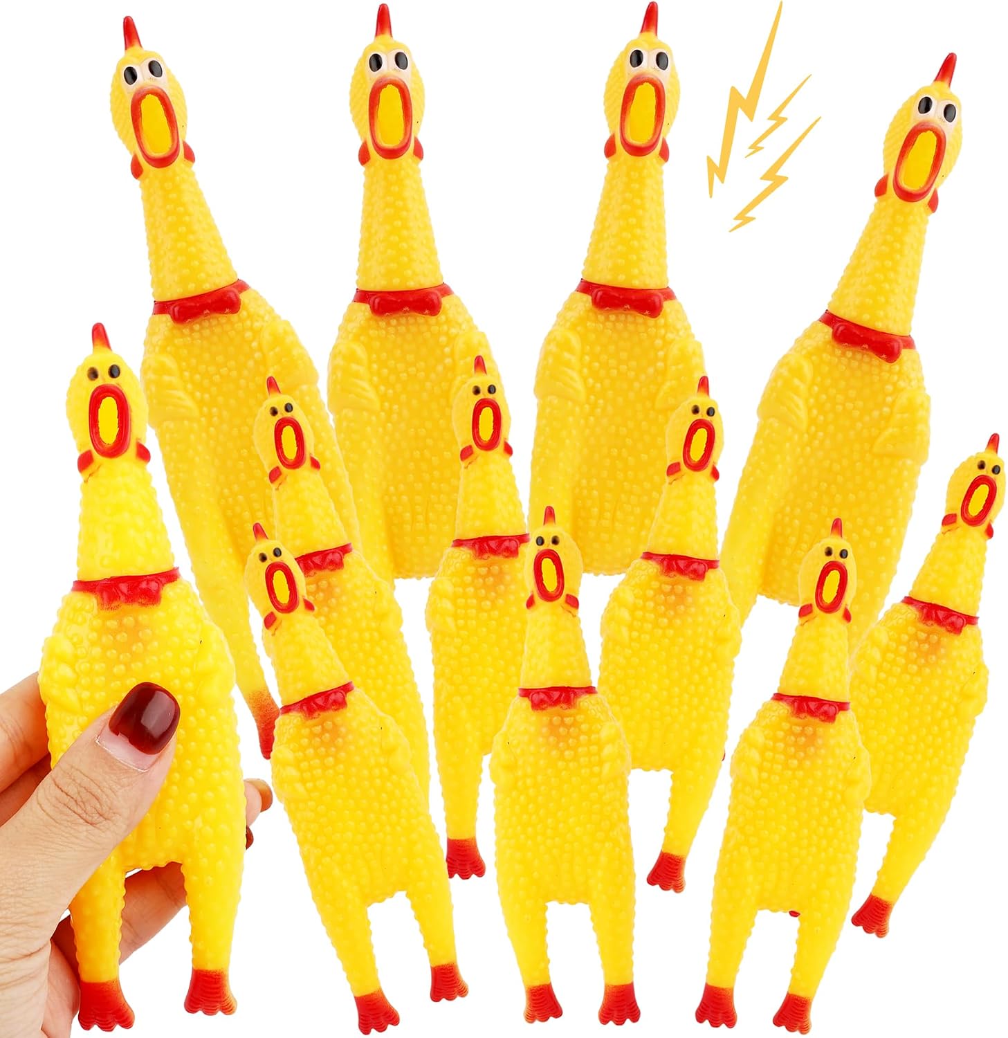 12 Pack 11 Inch 6.3 Inch Rubber Chicken Squeaky Toy Squeaky Chick Toys Yellow Screaming Chicken Yellow Screaming Chicken for Novelty Gag Gift Prank Noise Maker Toys, 2 Sizes