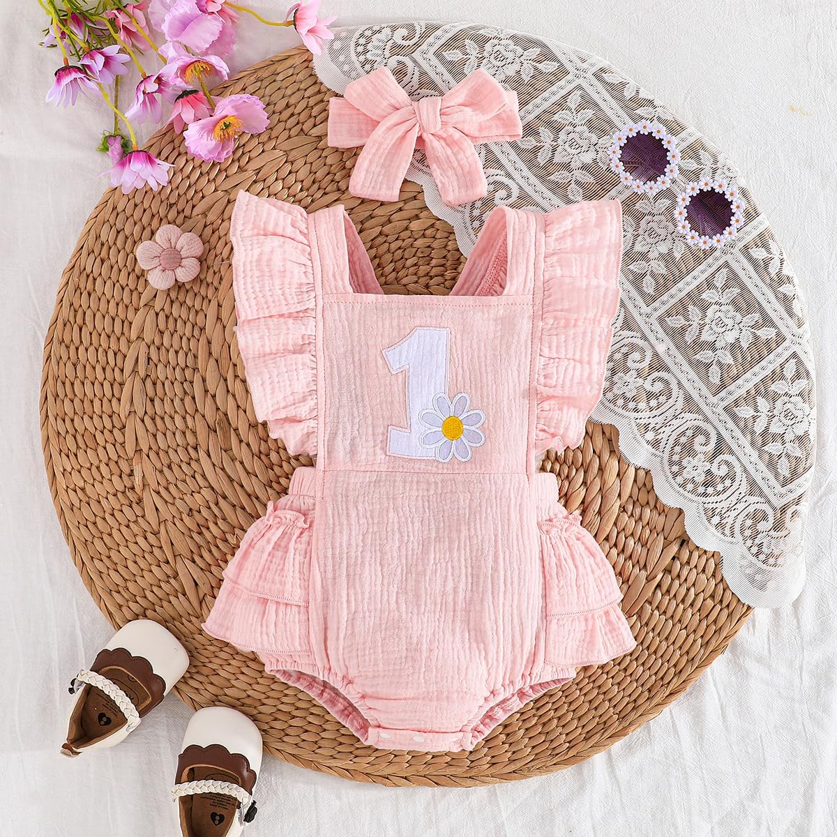 Winmany Baby Girl First Birthday Outfit 1st Birthday Sweet Cotton Romper With Headband Cake Smash Photo Shoot Clothes - Image 4