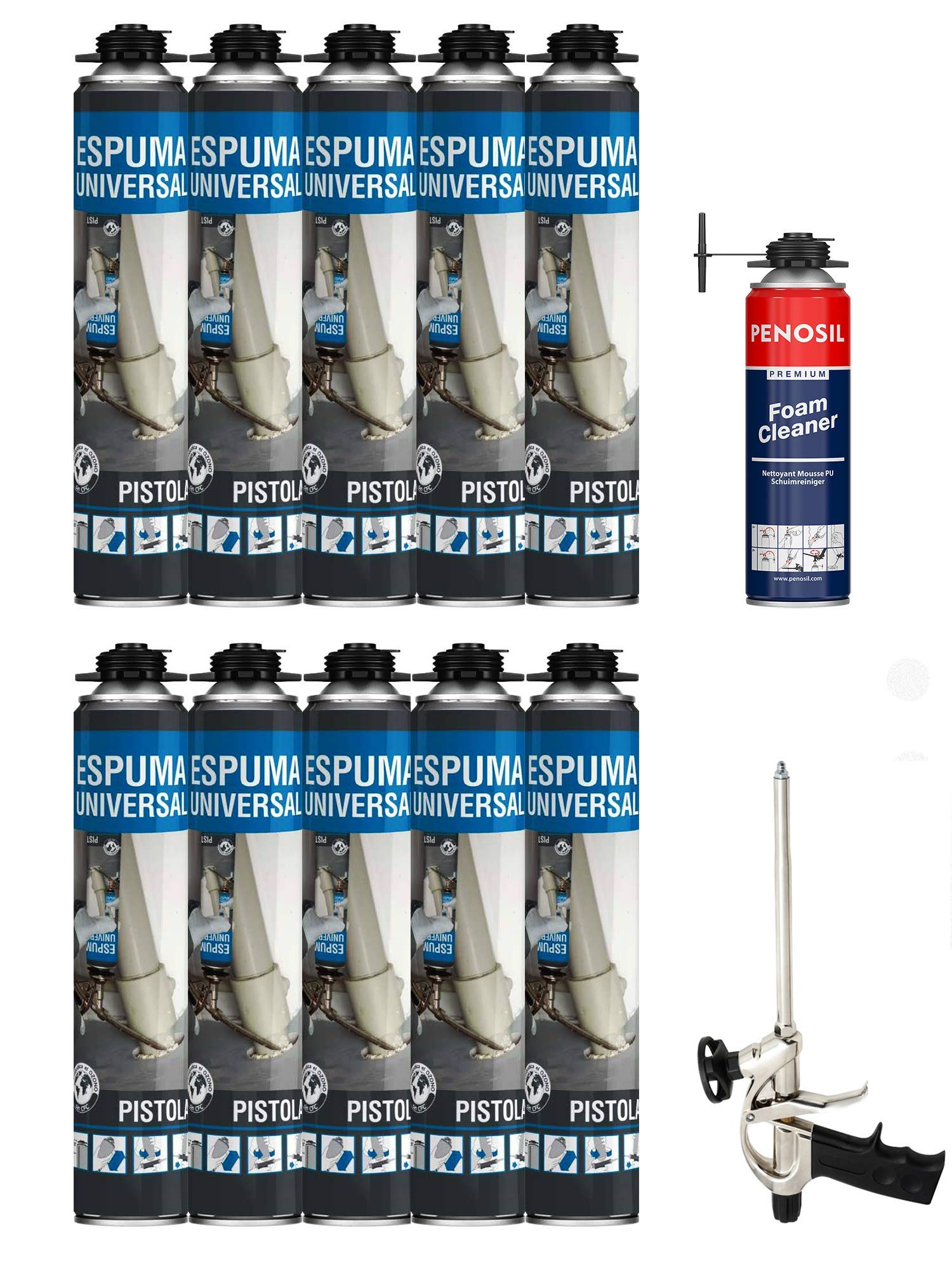 Espuma expansiva de poliuretano 695 ml – Lote de 10 espumas de poliuretano + 1 pistola + 1 limpiador – Multiusos