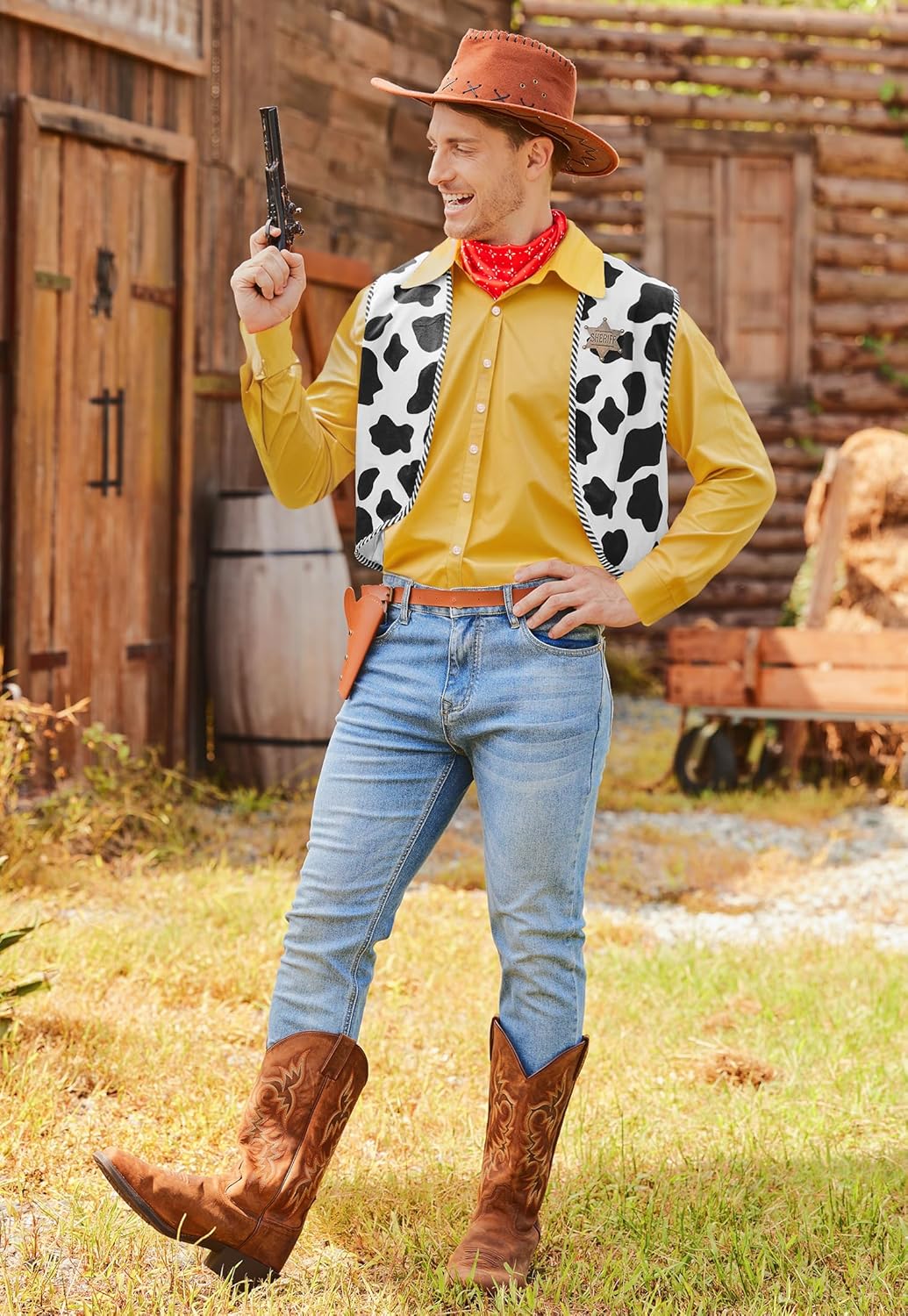 Arvilhill Men's Cow Print Vest 3 Pcs Halloween Adult Cowboy Woody Costume Outfit Vest Scarf Badge (S-3XL)