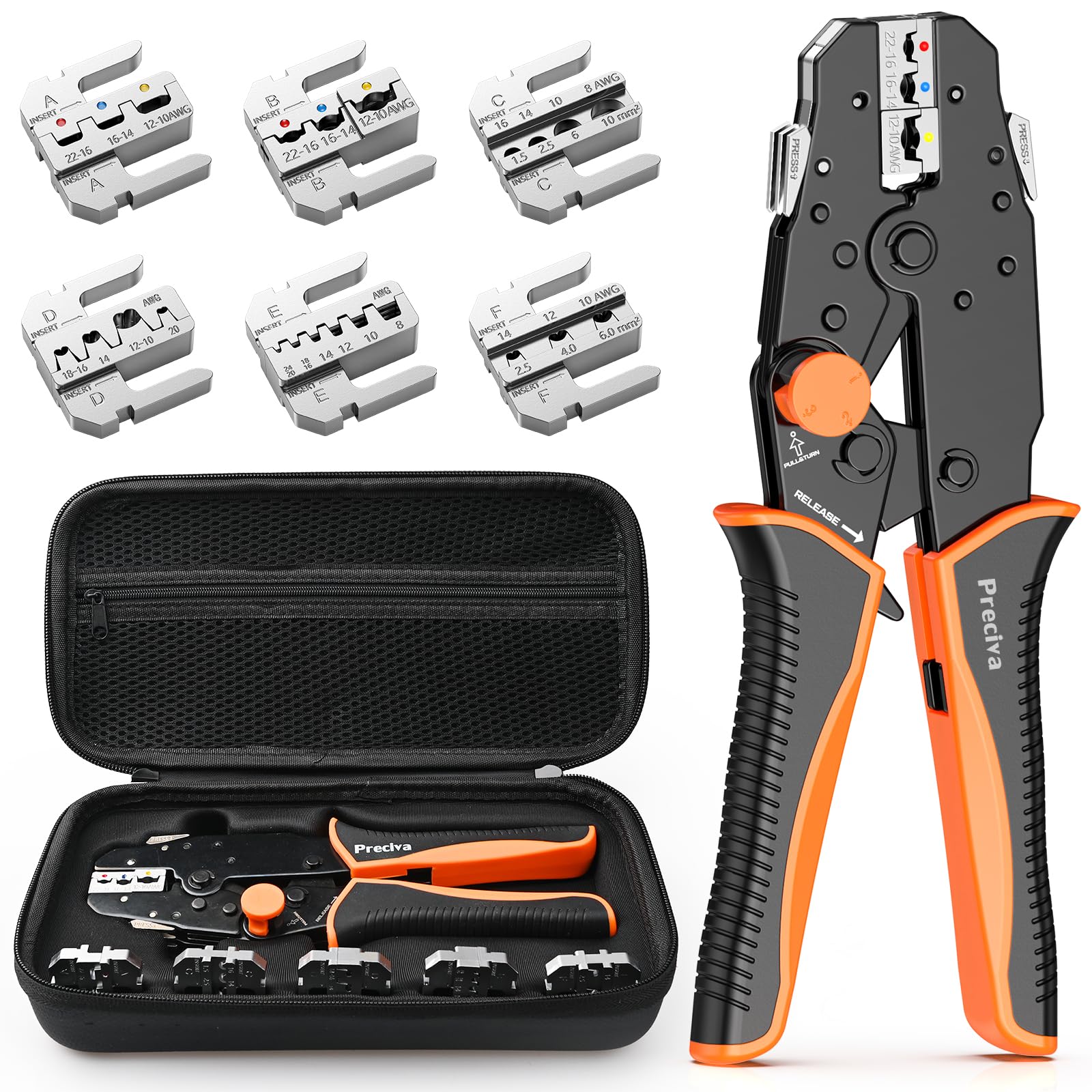 Crimpzange Wechselbacken Set, Preciva 6-teiliges Schnellwechselbacken Crimpwerkzeug Set mit Aufbewahrungstasche für Aderendhülsen, Kabelschuhe, Schrumpfverbinder, Flachstecker, Solarstecker