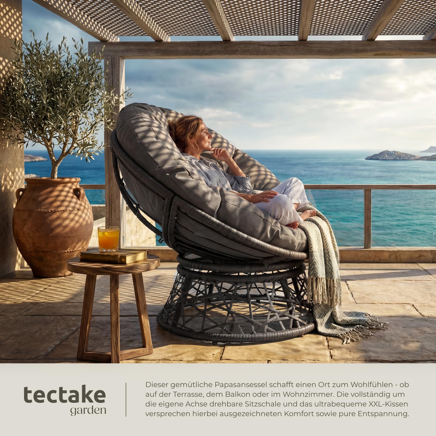 tectake® Papasansessel, gemütlicher Drehsessel mit Kissen rund, bequemer Rattansessel, Loungesessel drehbar, runder Relax Korbsessel Rattan für Wohnzimmer, Leseecke, Lounge - grau