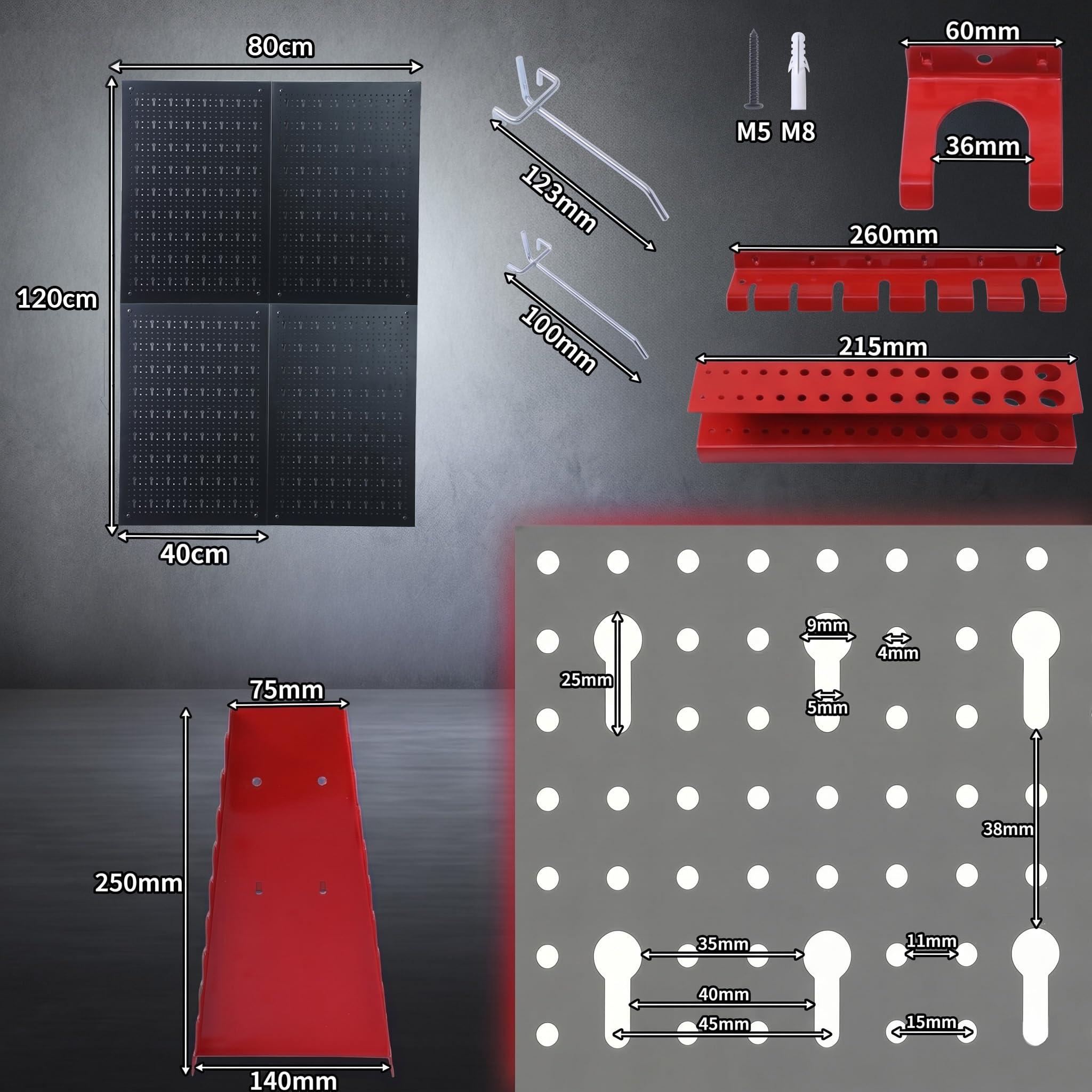 KARAT Parker - Pannello da parete per attrezzi con accessori in metallo perforato, supporto per officina e garage (nero/rosso, set di 4 pannelli)