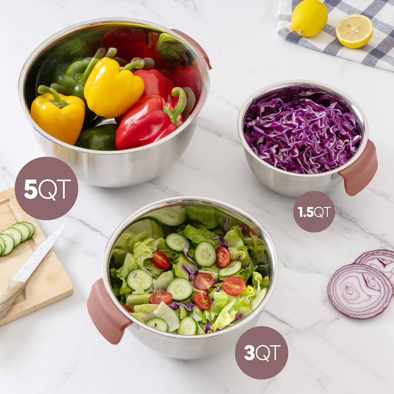 COOK WITH COLOR Stainless Steel Mixing Bowls Set and Measuring Cups- Nesting Bowls with Non-Slip Bottom and Easy-Grip Handles, Rose, 11 Pieces - Image 4