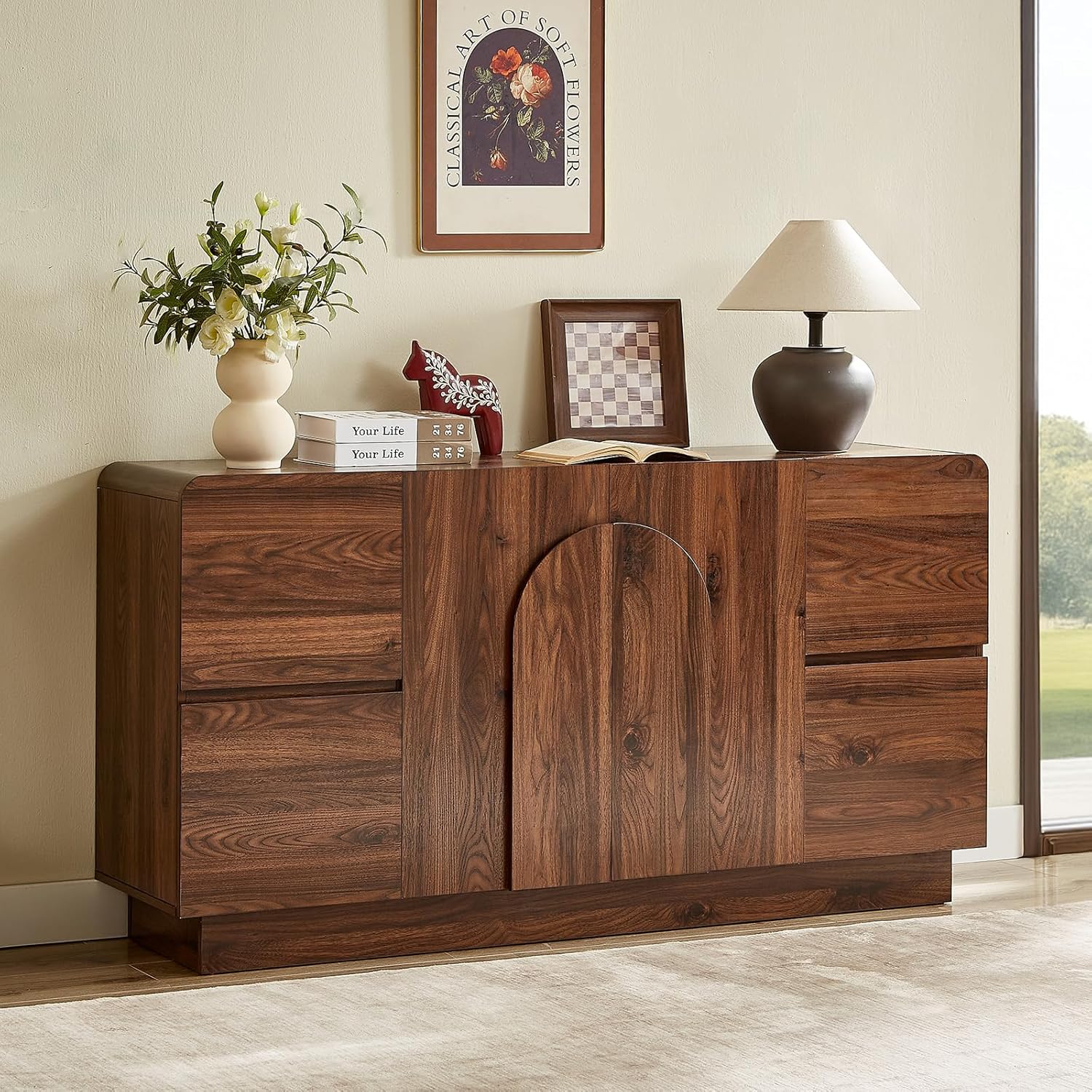 ONBRILL 60 Inch Sideboard with 4 Drawers & Adjustable Shelves, Curved Design Buffet Cabinet with Arched Doors, Mid Century Modern Accent Cabinet for Dining Room/Living Room/Entryway, Walnut