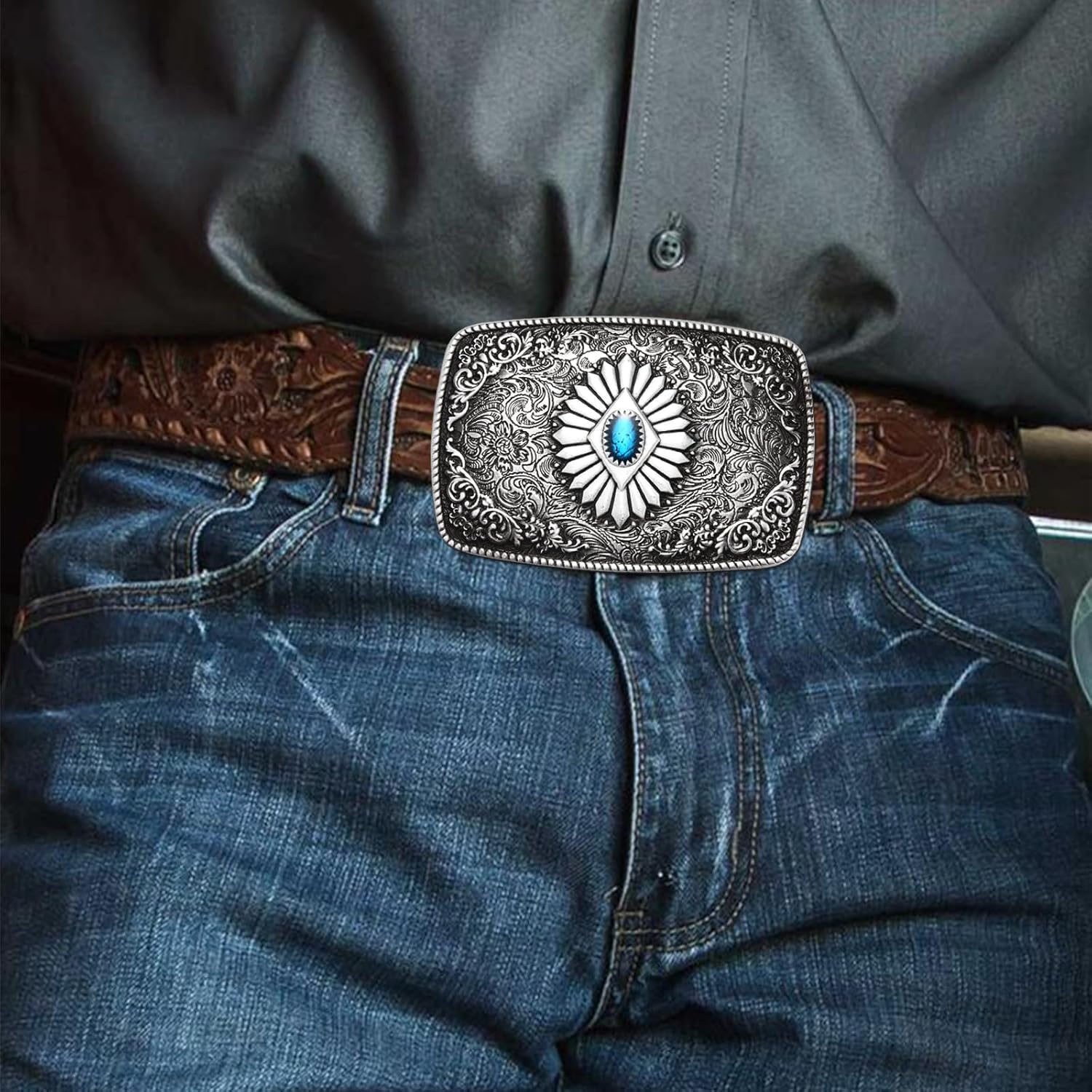 Western Cowboy Belt Buckle, Indian Elements Vintage Turquoise Belt Buckle For Men Women Jean's Accessory - Image 4