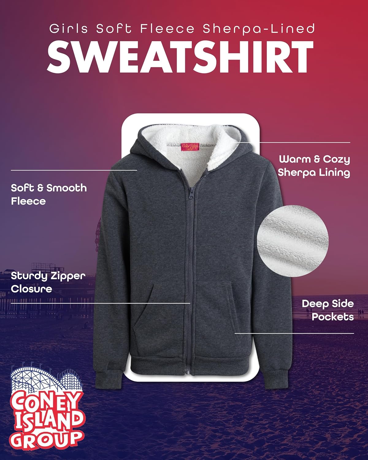 Coney Island Girls Hoodie - Cozy Soft Fleece Sherpa Lined Hoodie Zip Up Sweatshirt for Girls - Size Up for Better Fit - Image 4