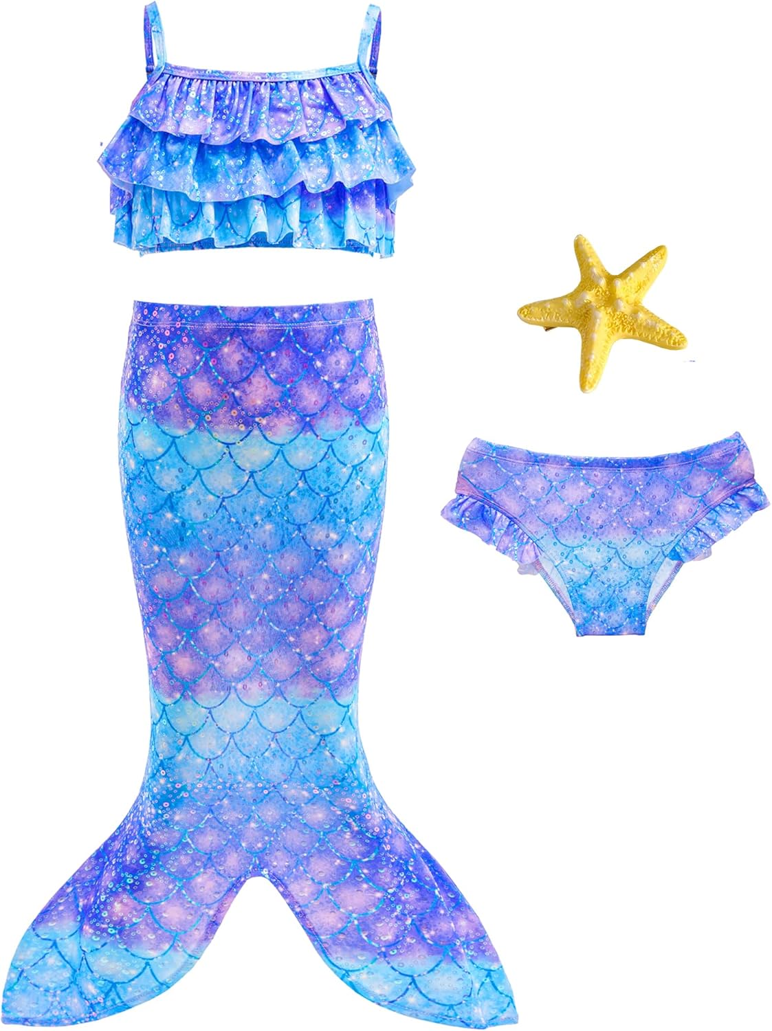 Little Girls Mermaid Swimsuit 3pcs Bathing Suits Ruffle Bikini Set with Princess Skirt for Kids Swimwear for 3-8 Years