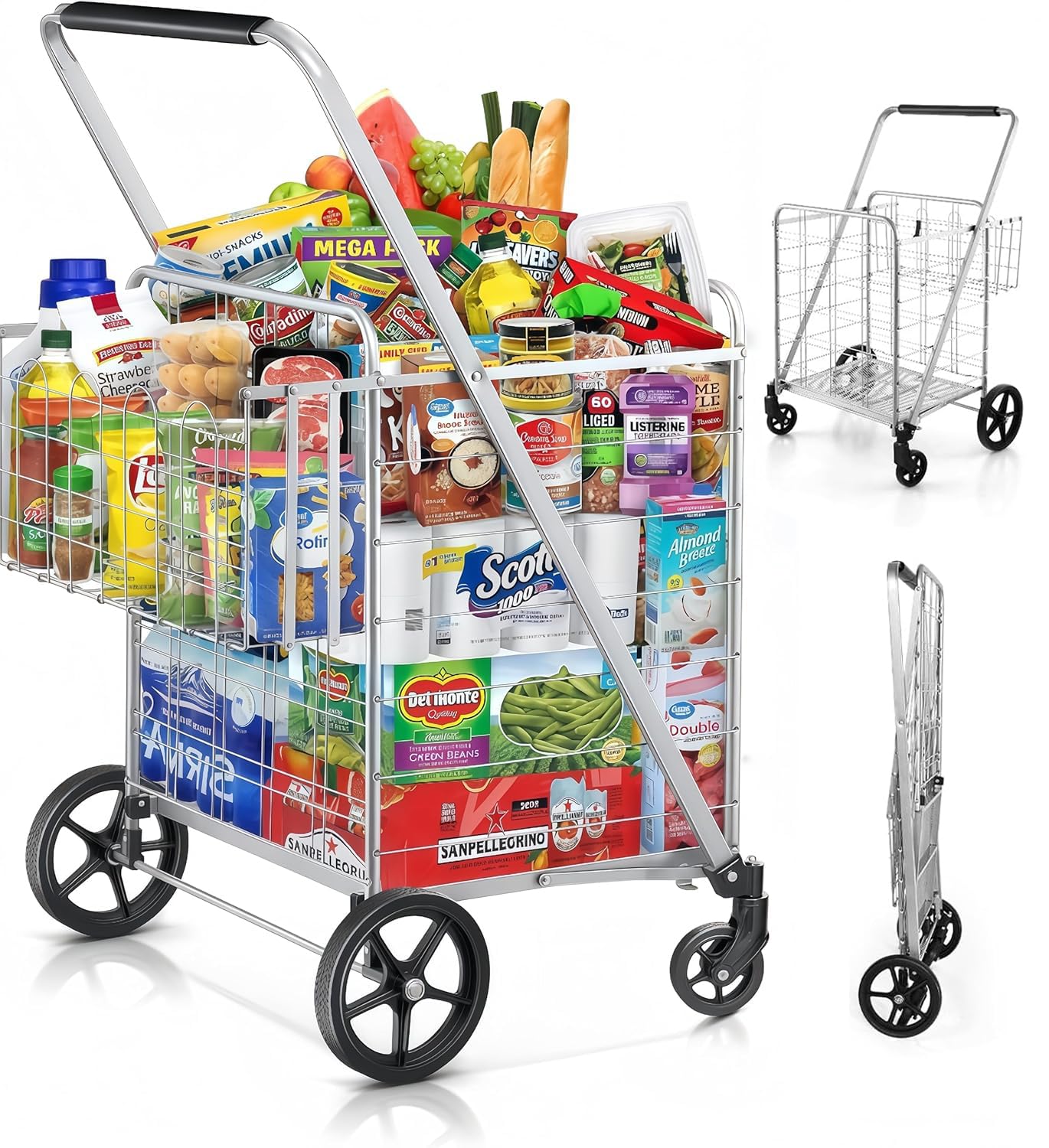 Carro de la Compra - Carro Compra Plegable Capacidad 150 kg 2 Ruedas Giratorias 360° y Doble Cesta Carro Plegable con Ruedas Portatodo para Familias & Supermercado